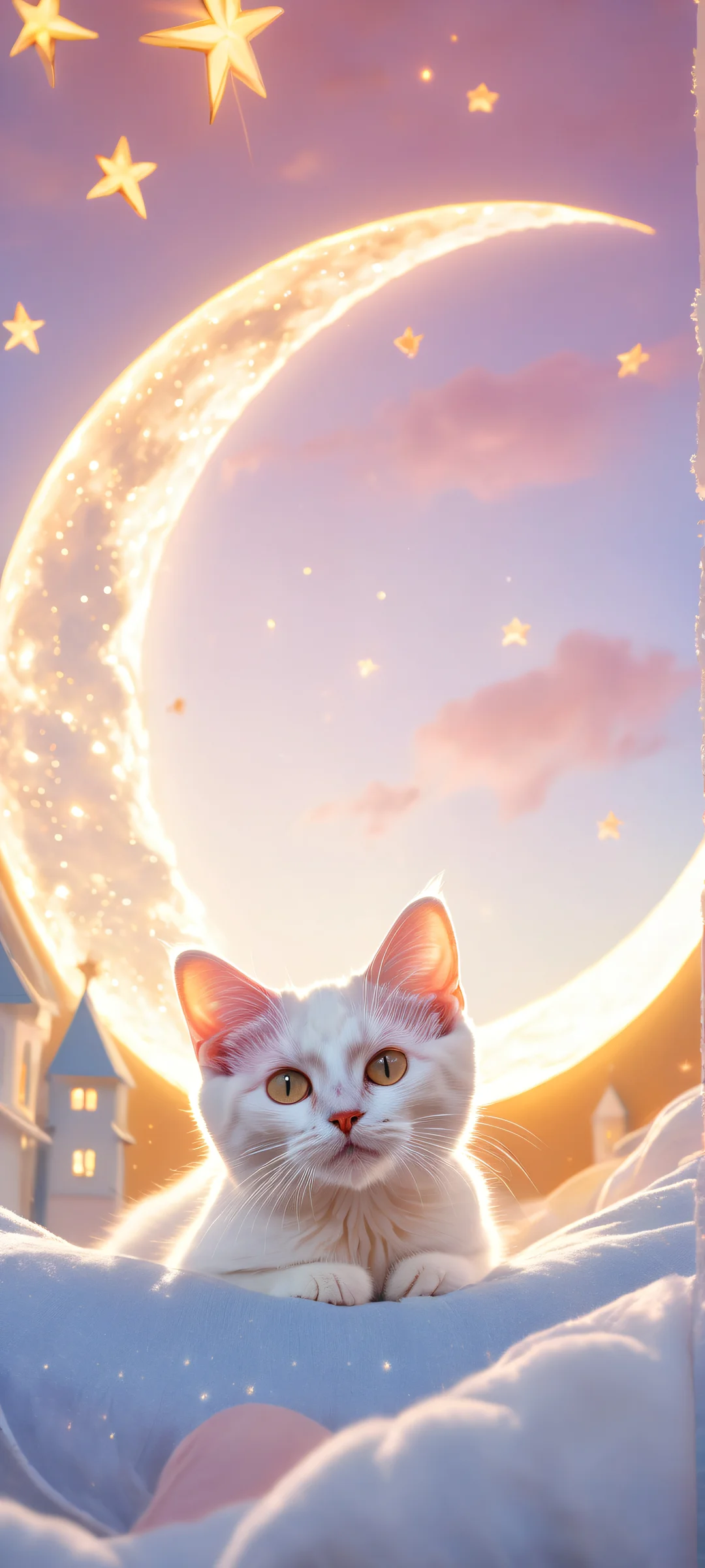 A whimsical kitten lying in a soft fuzzy cat bed, surrounded by micro-details of crescent moon-shaped inner body, white fluffy clouds, and gold dusted shooting stars on iPhone/Android.