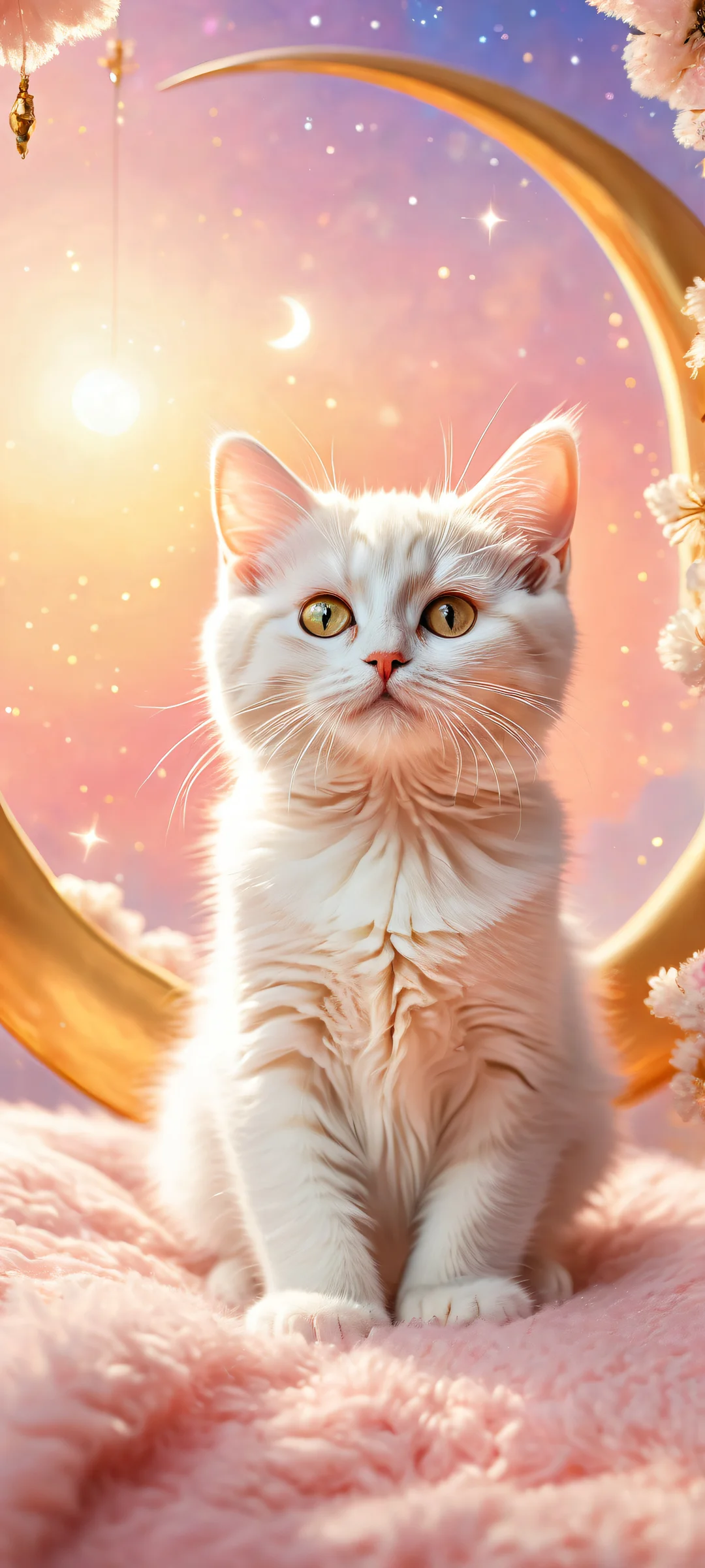 Featureless kitten outline surrounded by dreamy bokeh colorful paints on a pristine background, Perfectamente optimizado para pantallas de inicio de iPhone y Android..