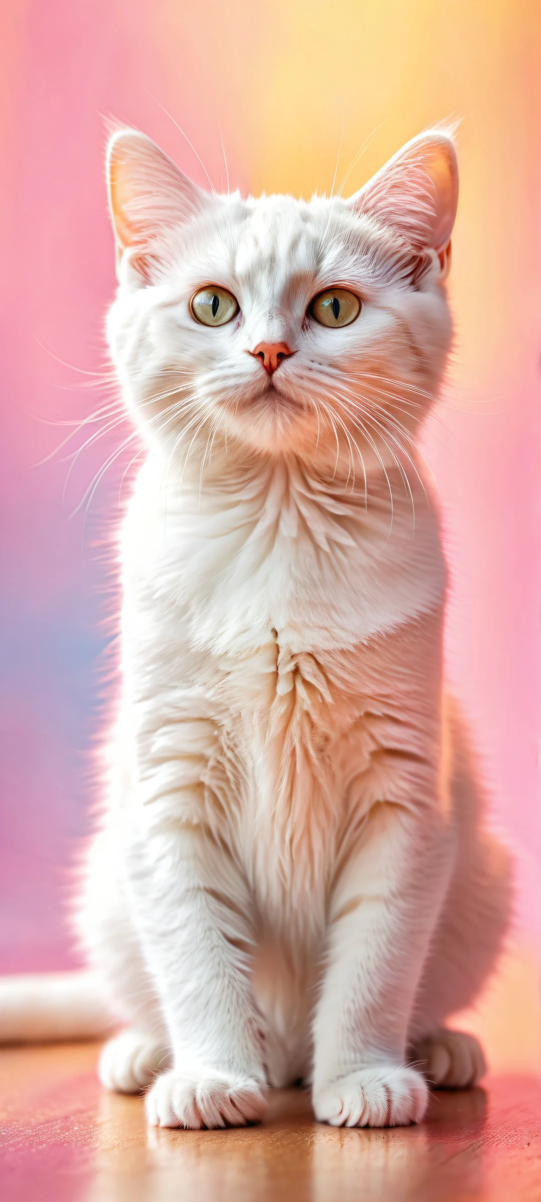 Dreamy kitten in a vibrant, photorealistic background featuring soft pastel pinks, creamy whites, and warm golds. Perfect for iPhone/Android home screens.
