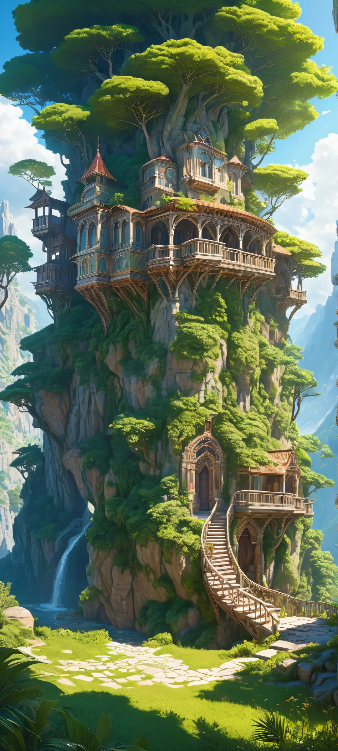 iPhone and Android wallpaper with whimsical landscapes and micro-details of fantastical architecture and lush forests, perfectly optimized for your mobile home screen.