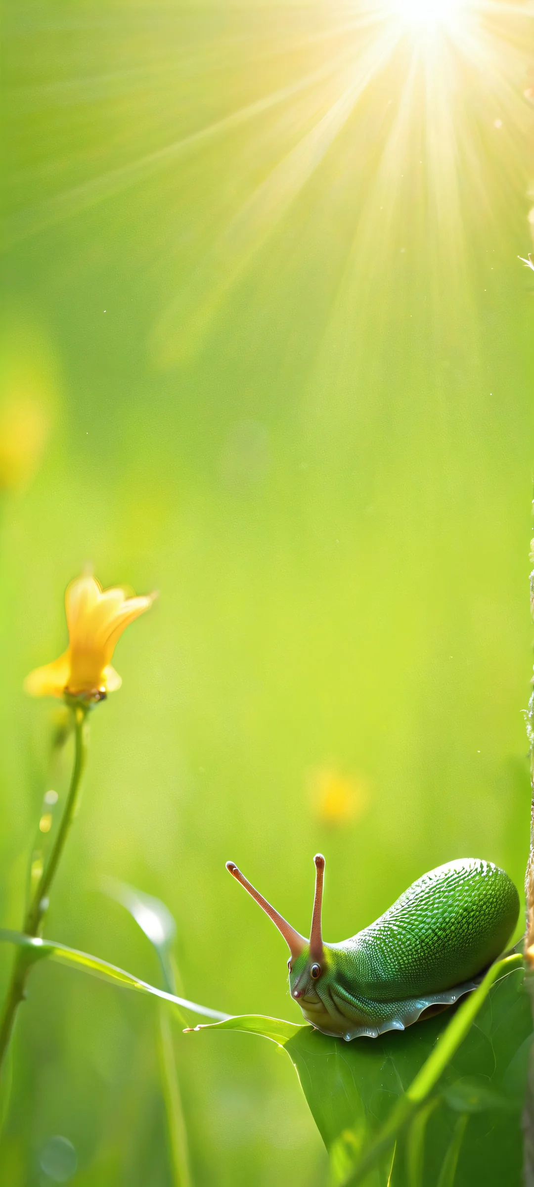 A delightful iPhone/Android wallpaper featuring a smiling slug in a lush green meadow, with intricate details and ethereal lighting.