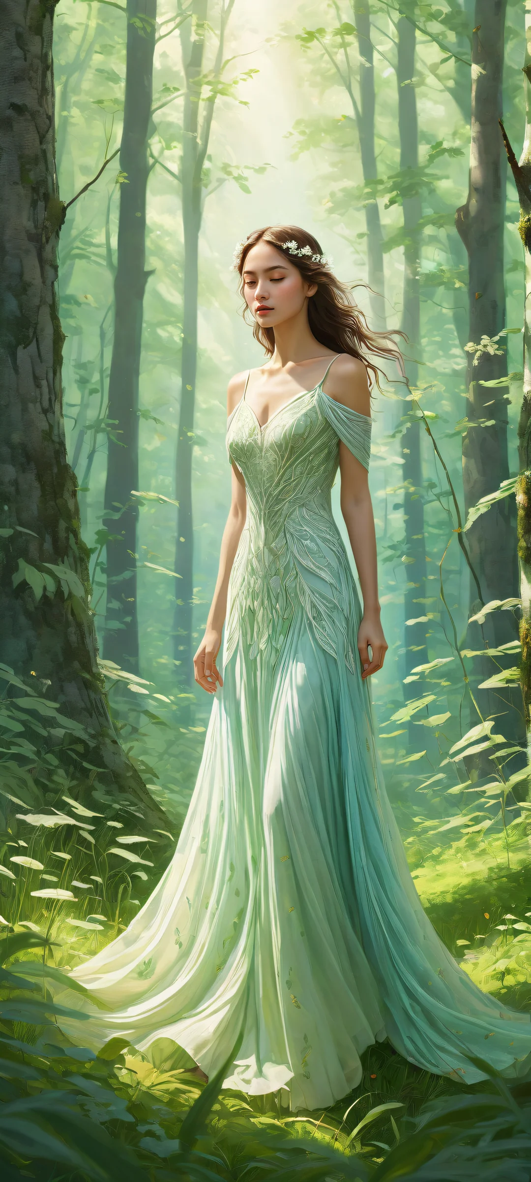 A delicate original character stands in a meadow at the forest's edge, surrounded by blooming buds and leaf-like fabric. Perfect for iPhone/Android home screens.