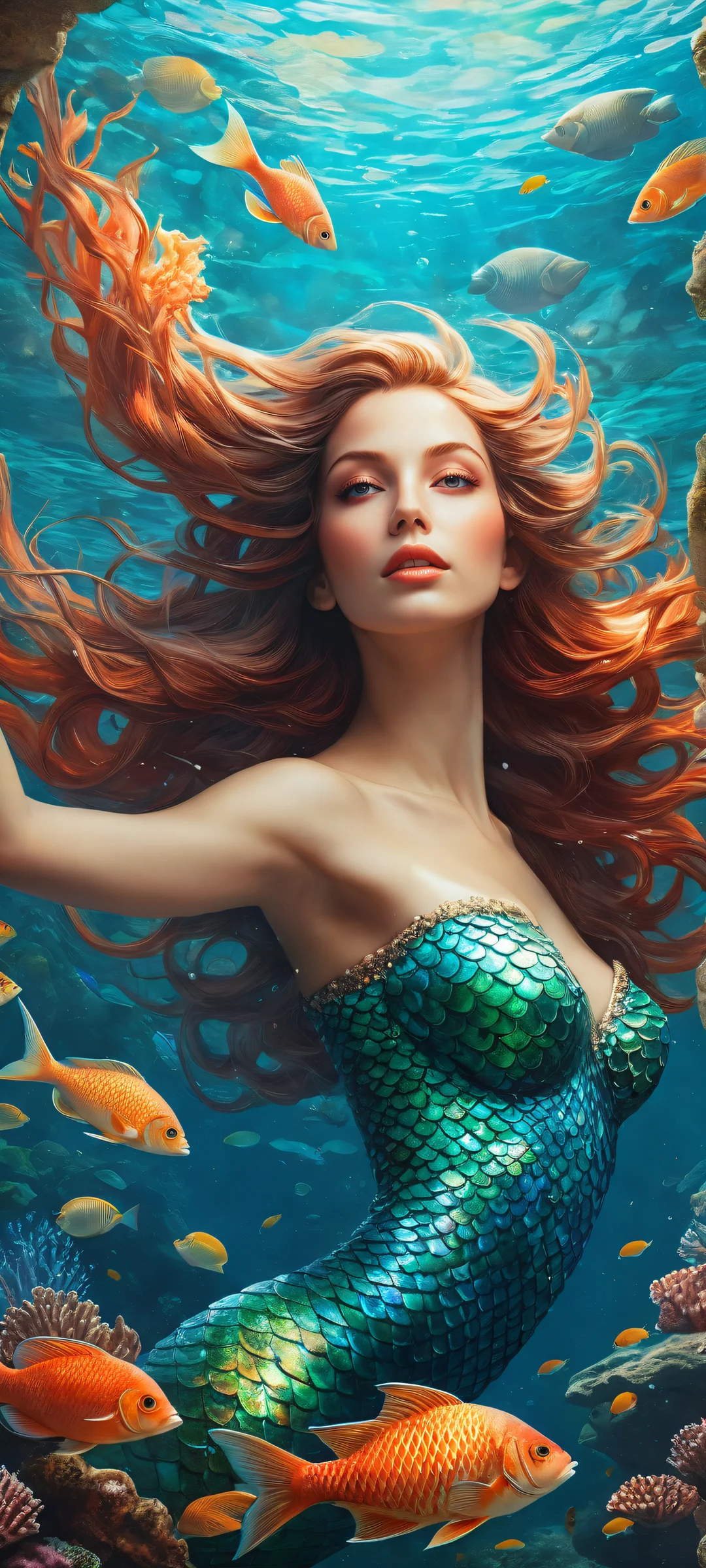 A stunning underwater scene of a whimsical mermaid, perfectly optimized for iPhone and Android home screens.