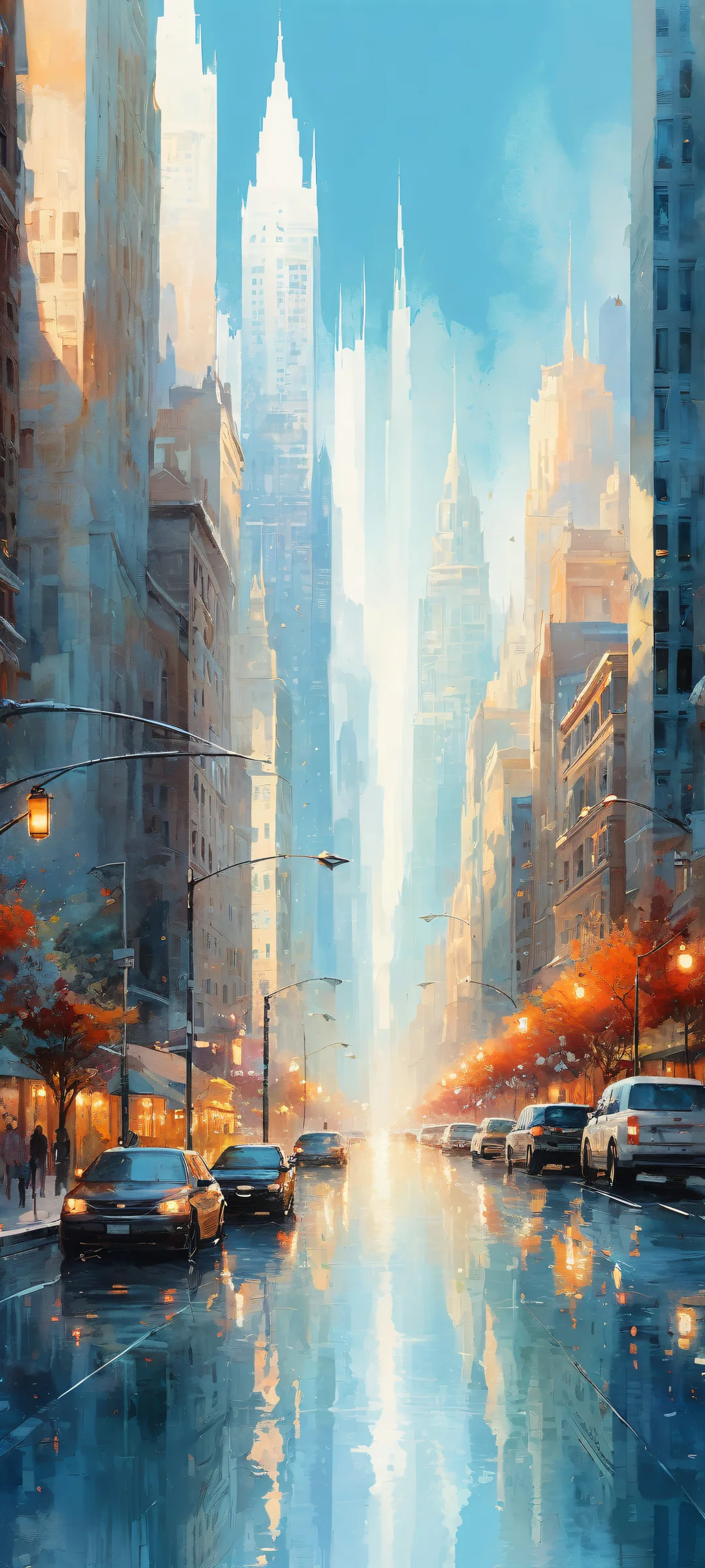 iPhone and Android compatible watercolor artwork of a serene cityscape with stunning details and ethereal lighting.