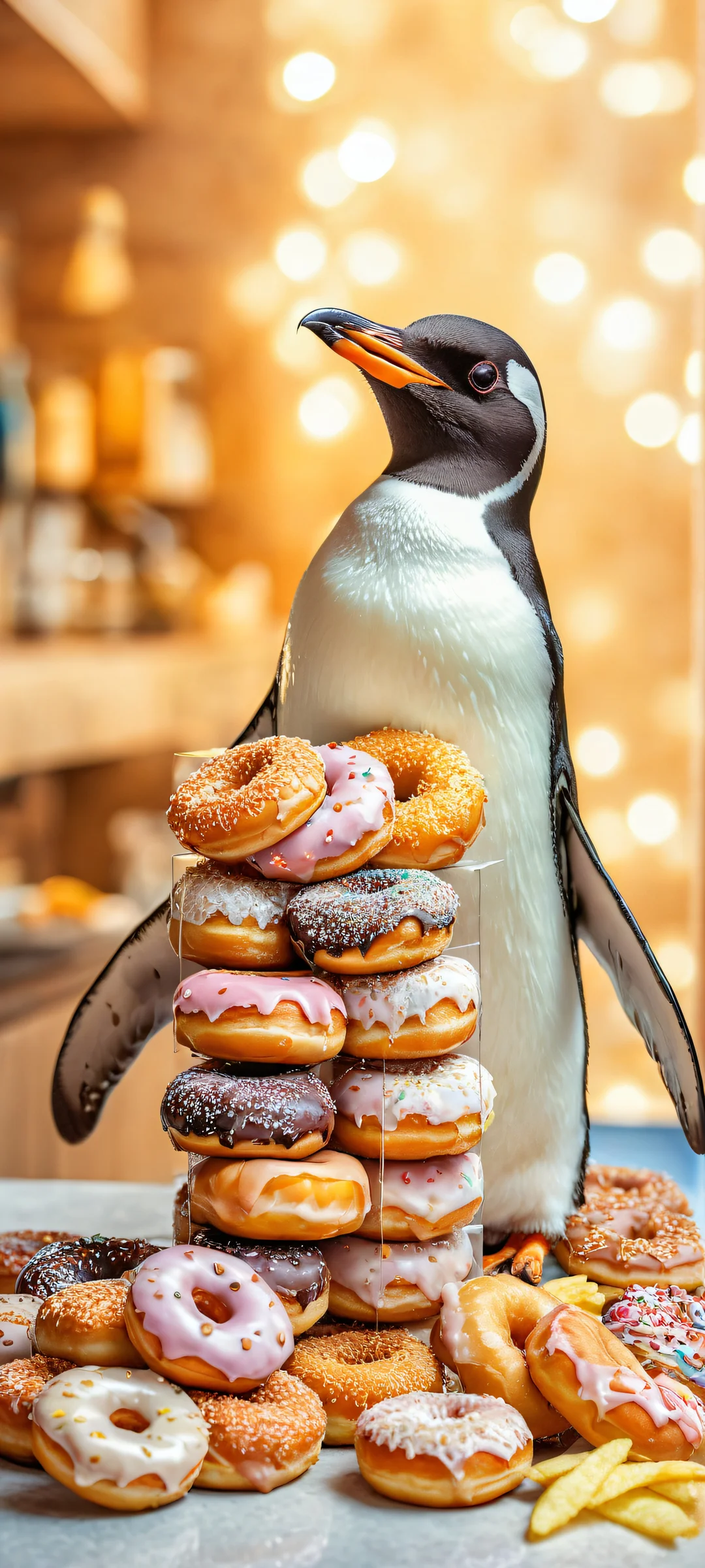 A box of donuts and a pack of chips surprise a penguin on a kitchen counter, perfectly optimized for iPhone/Android home screens.