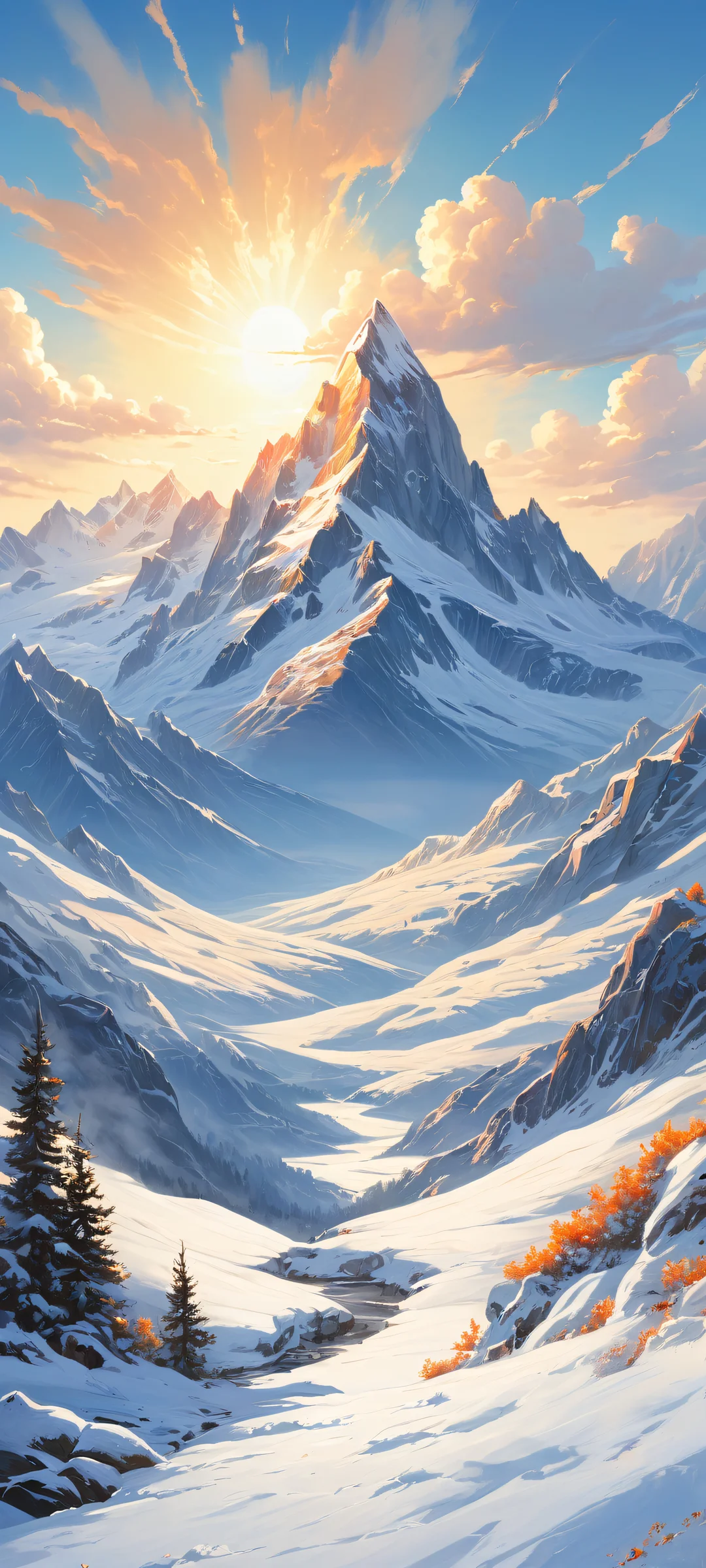 A serene mountain landscape on a pure void background, perfekt optimiert für iPhone/Android-Startbildschirme. Stunning digital art with intricate details and ethereal lighting.