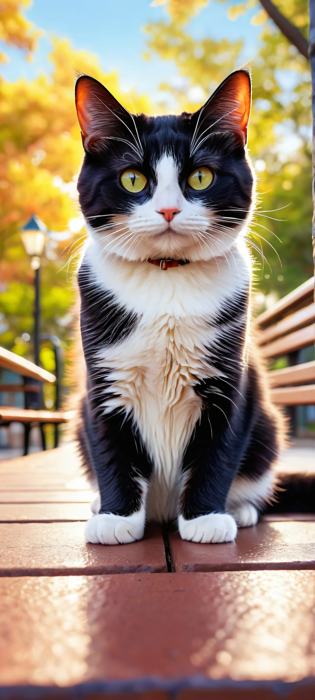 A curious black chibi anime cat lying under a park bench watching the vibrant night sky with big awestruck eyes, iPhone/Androidのホーム画面に最適.