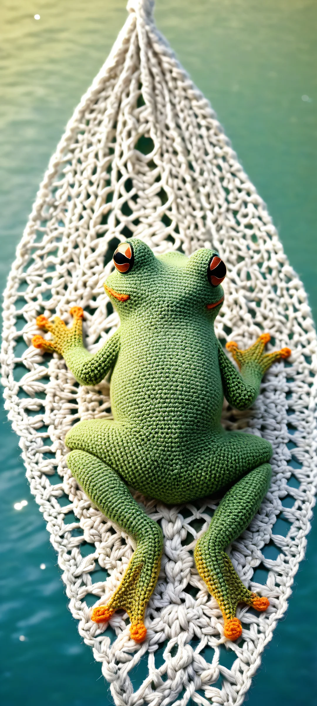 iPhone and Android user's delight - a meticulously crafted crocheted frog and duck embracing on the tip of a ship's hull, set against a serene ocean horizon or gradient, with intricate textures and stunning visual impact.