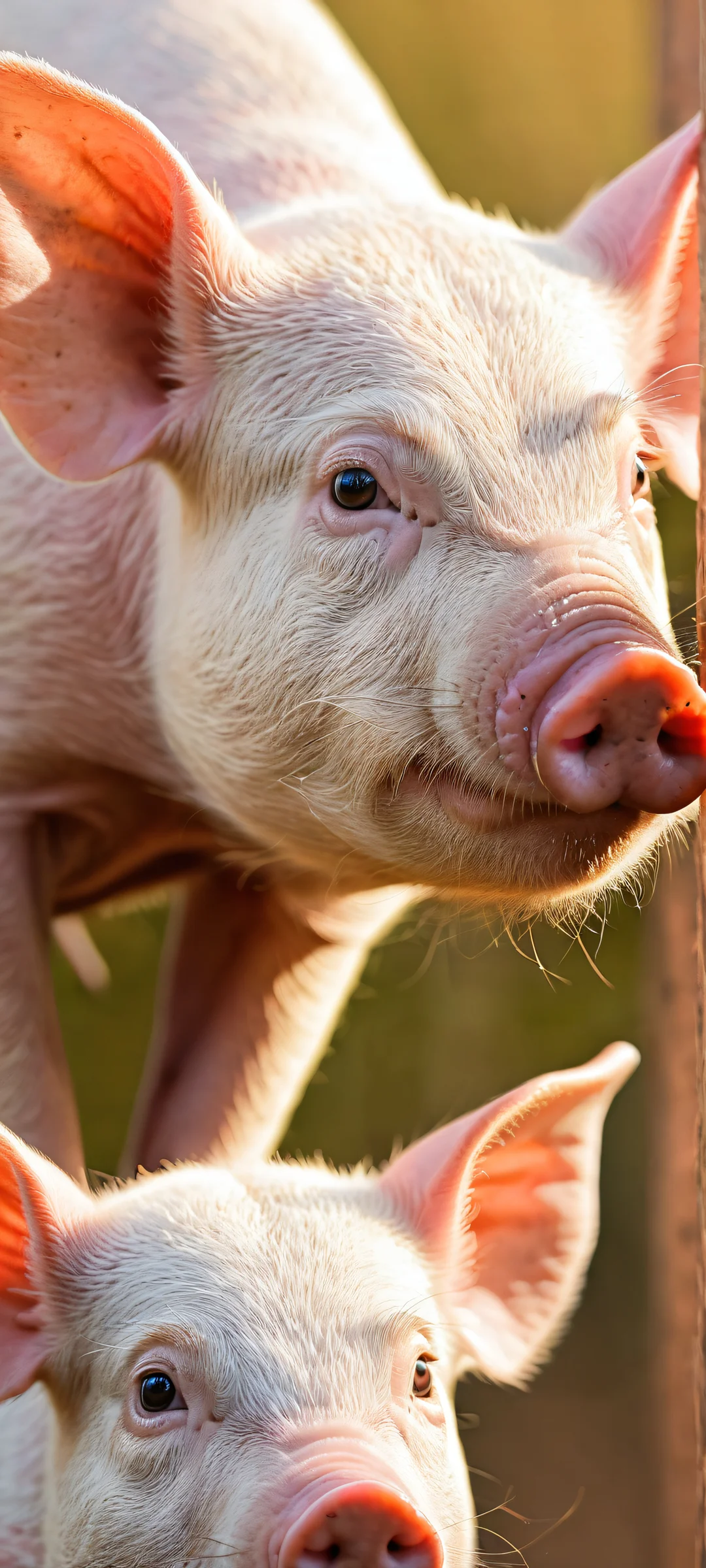 Delightful iPhone/Android wallpaper featuring two adorable pigs with intricate facial details and a serene background.