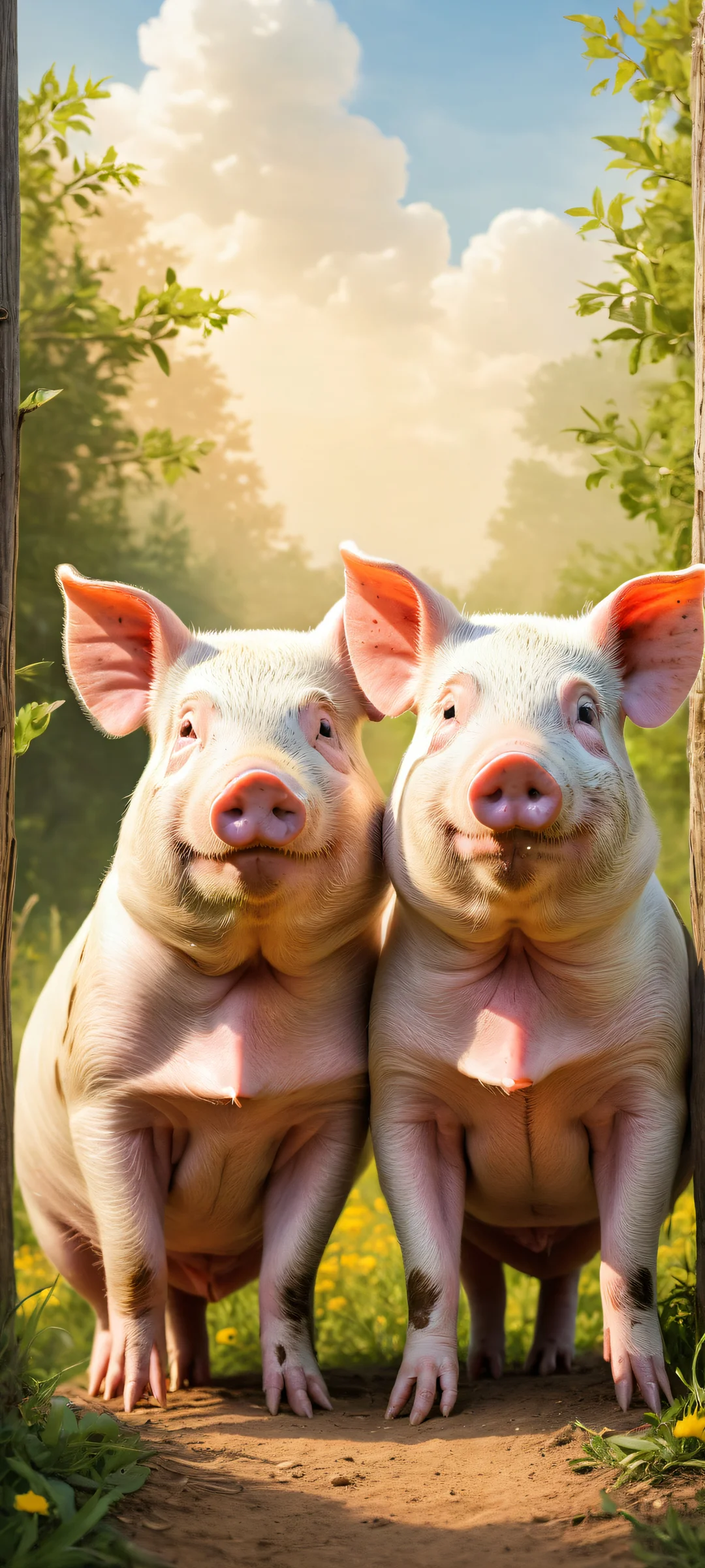 Two adorable pigs standing back to back in a serene countryside setting on an iPhone/Android home screen.