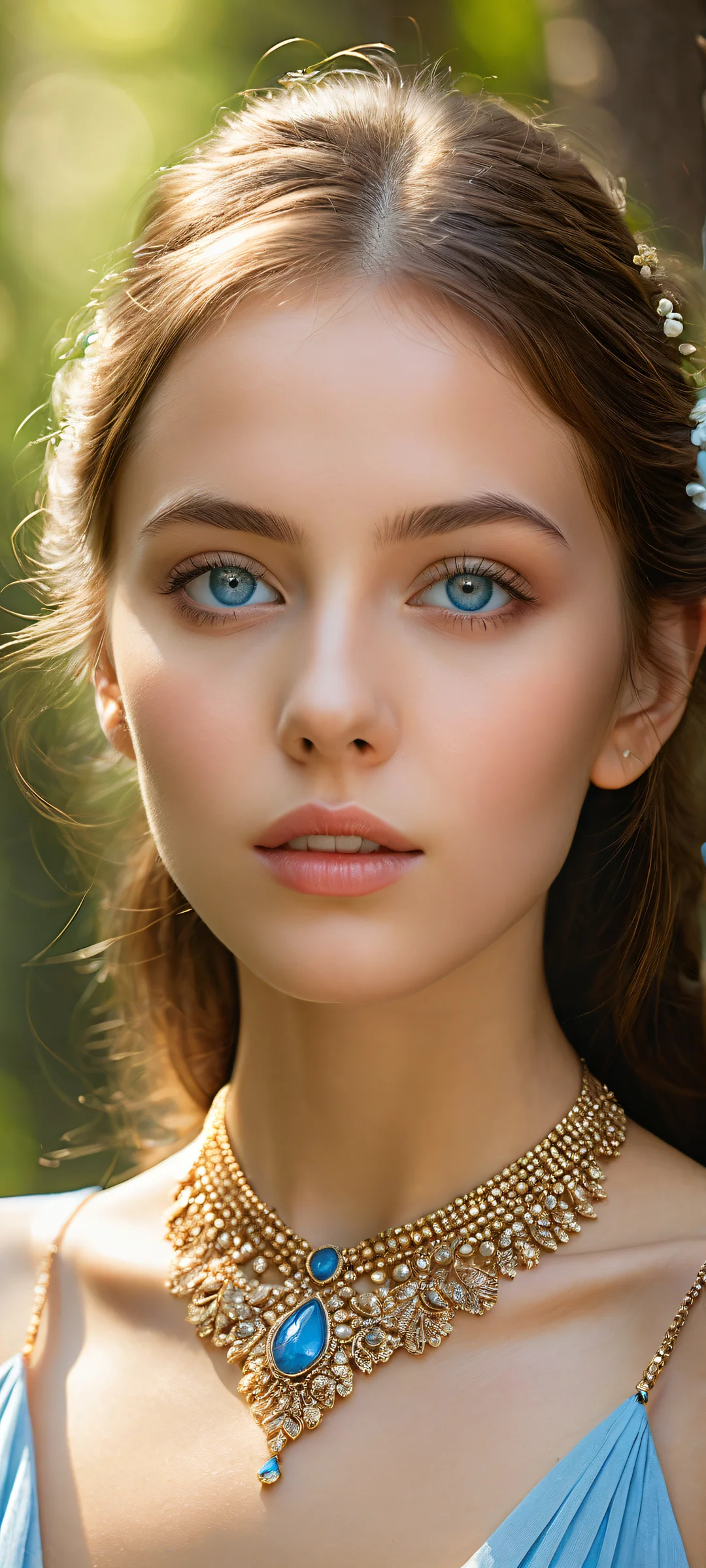 A whimsical portrait of a girl with insane micro-details on her beautiful brown hair, striking deep blue eyes, and delicate nostrils, placed in the lower-middle with an enchanting forest setting in the background, perfeitamente otimizado para telas iniciais de iPhone/Android.