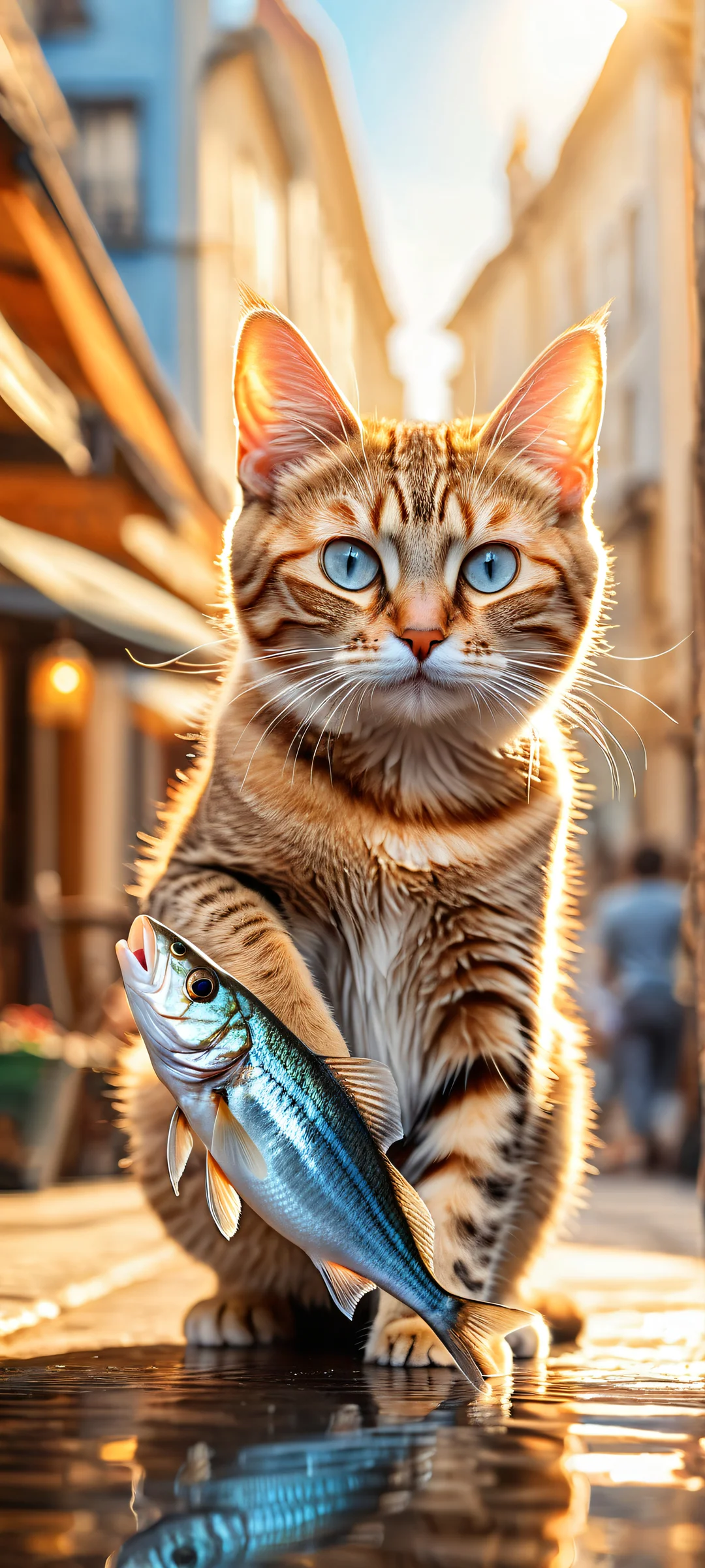 A determined tabby cat clutching a shiny silver fish on a vibrant Dutch market street, perfectly suited for iPhone/Android home screens.