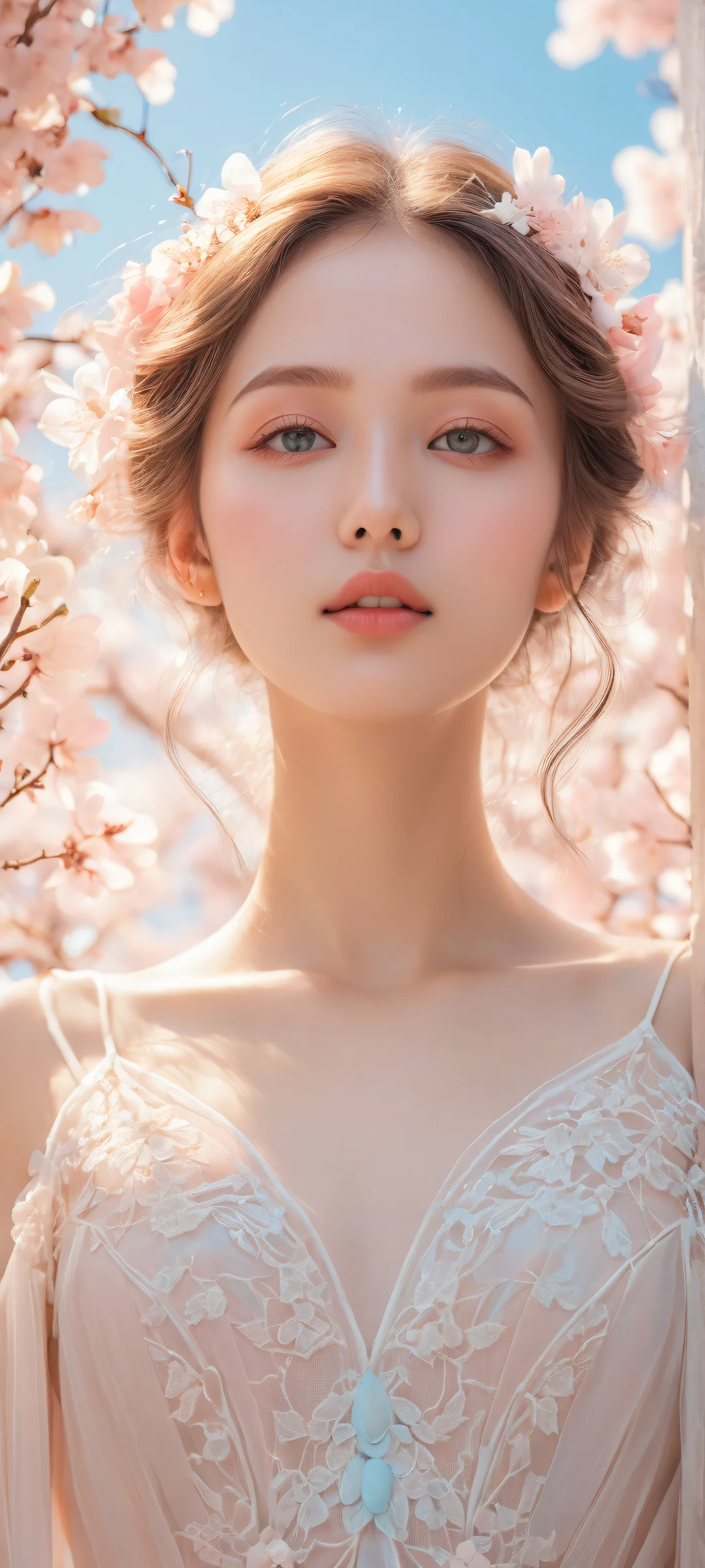 Ethereal portrait of a whimsical girl on iPhone and Android devices. Perfectly clean background for your mobile screen.