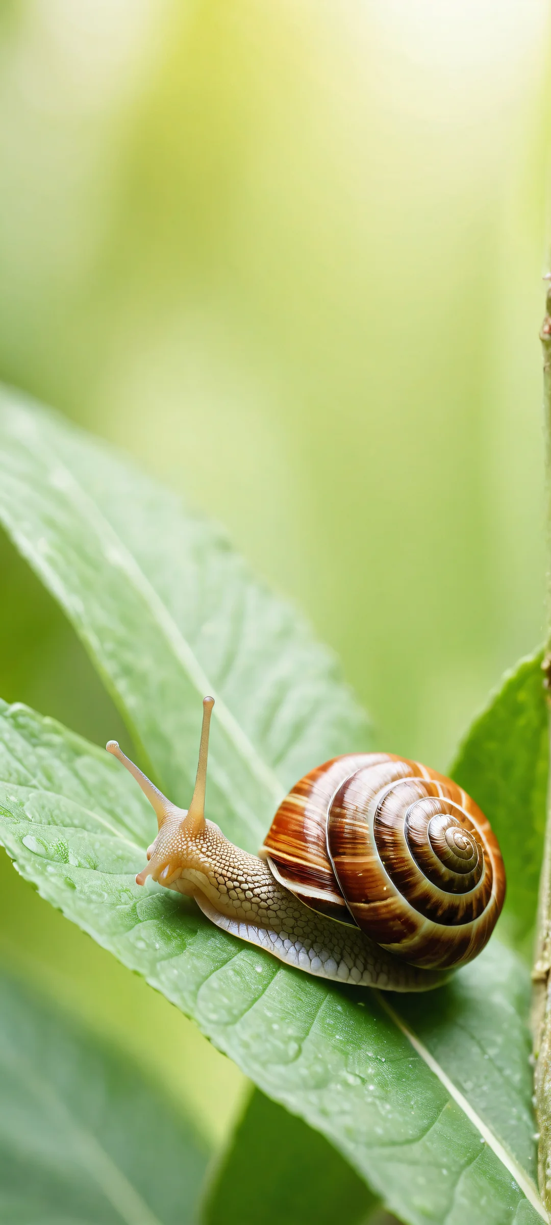 A serene iPhone/Android wallpaper featuring a snail's intricate shell amidst lush greenery, showcasing exquisite detail and ethereal lighting.