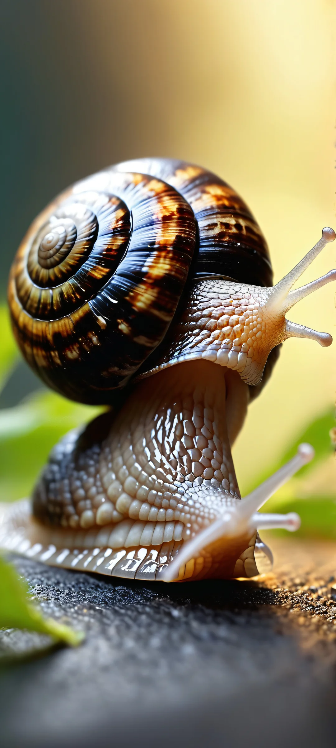 A playful snail nestled in a serene natural landscape on an iPhone/Android home screen.
