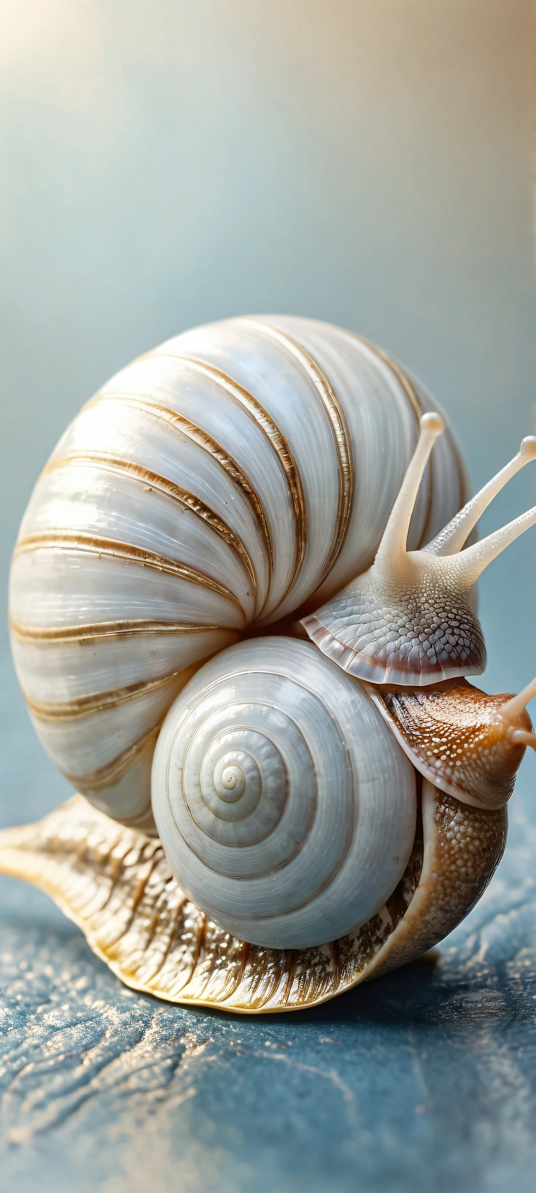 A stunning digital artwork featuring a snail on iPhone/Android with intricate shell patterns and delicate antennae, set against a pure void background.