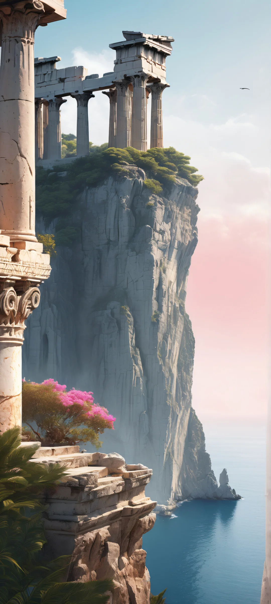 A whimsical soft digital painting of a Greek temple standing atop a cliff overlooking the sea, perfect for iPhone/Android home screens.