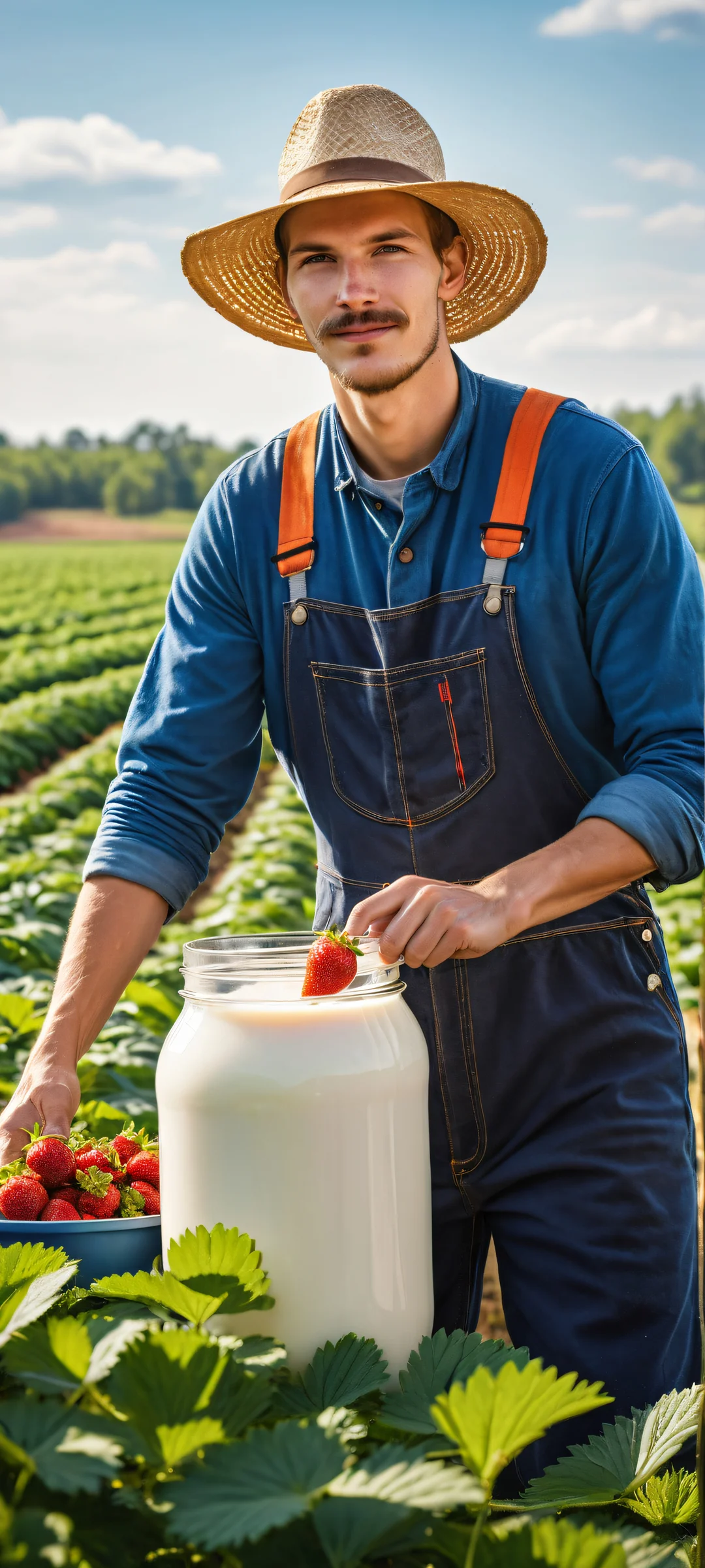 A farmer milks a gigantic strawberry, orange, and blueberry in a stunning digital artwork, iPhone と Android のホーム画面に完全に最適化.