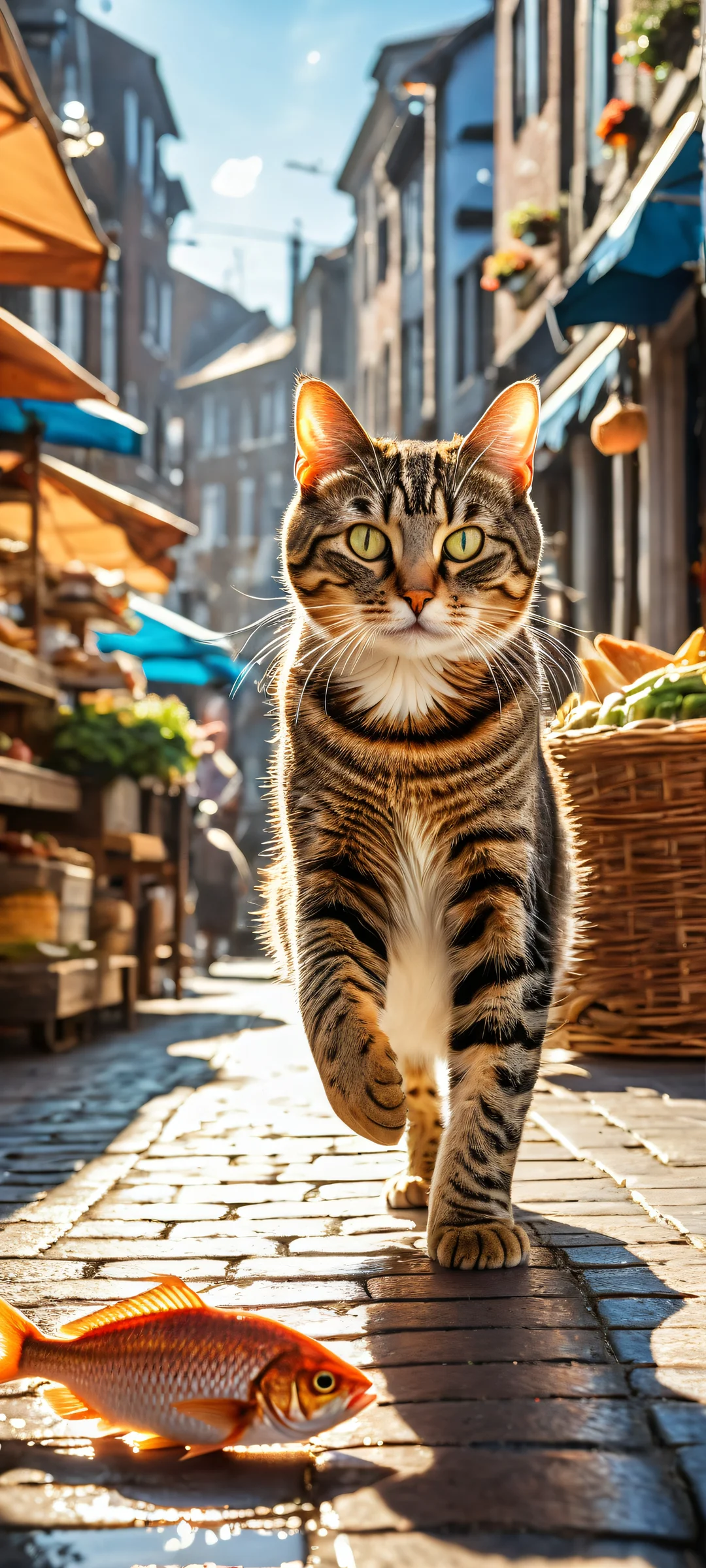 A young tabby cat hugging a fish on iPhone/Android wallpaper with Dutch market scene in the background.