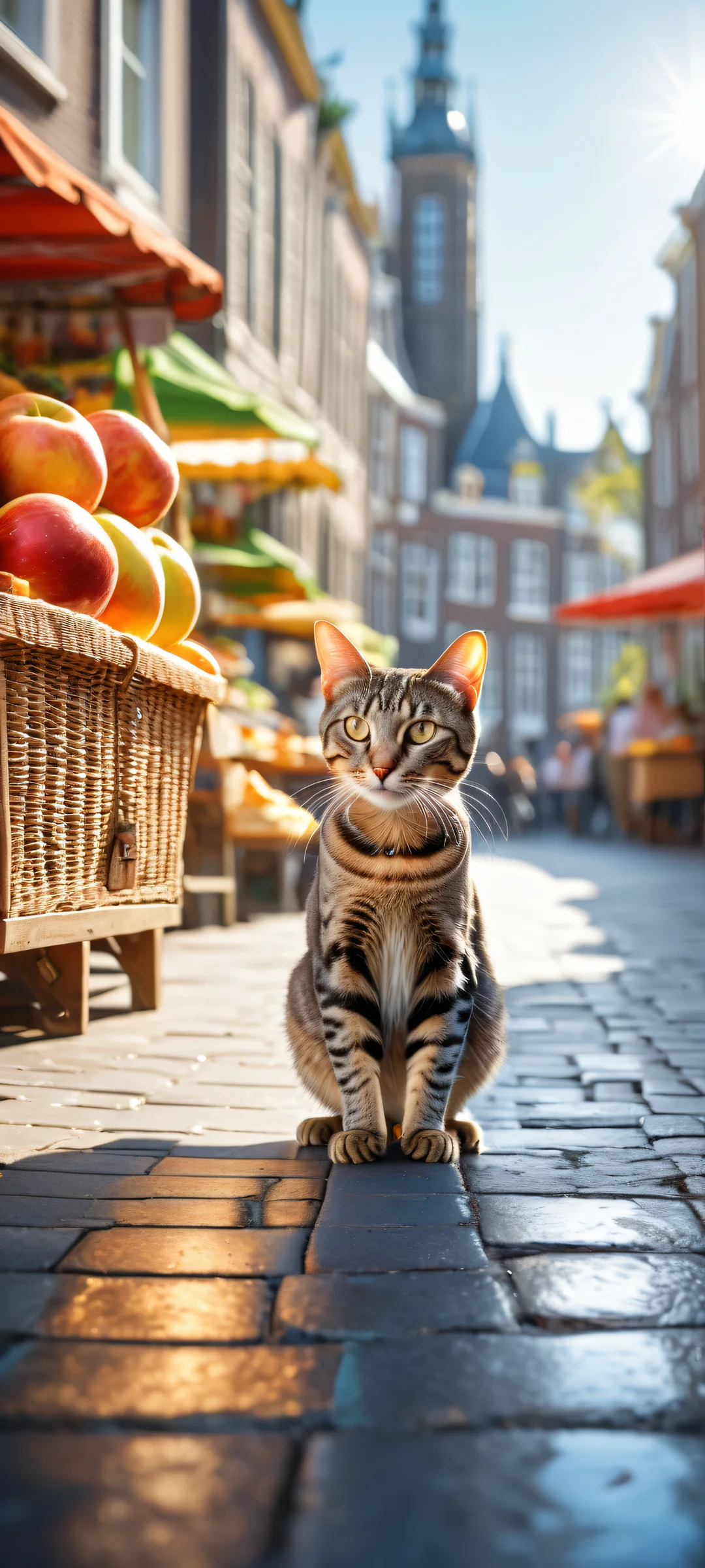A young tabby cat tightly hugging a large silver fish while running on two legs amidst the bustling Dutch street market scene. iPhone/Android compatible.