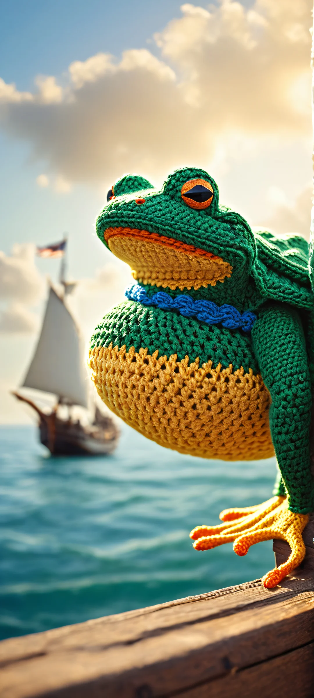 A serene scene of a crocheted frog and duck on the tip of a ship, perfectly optimized for iPhone/Android home screens.