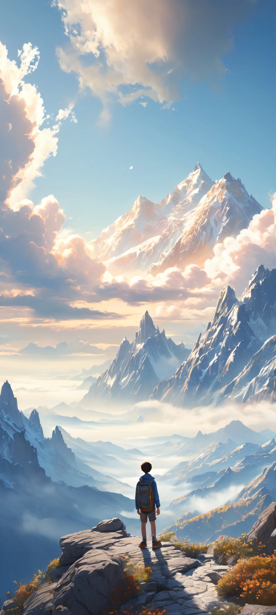 Ethereal landscape of a lone boy amidst whimsical clouds and misty mountains, perfectly optimized for iPhone and Android home screens.
