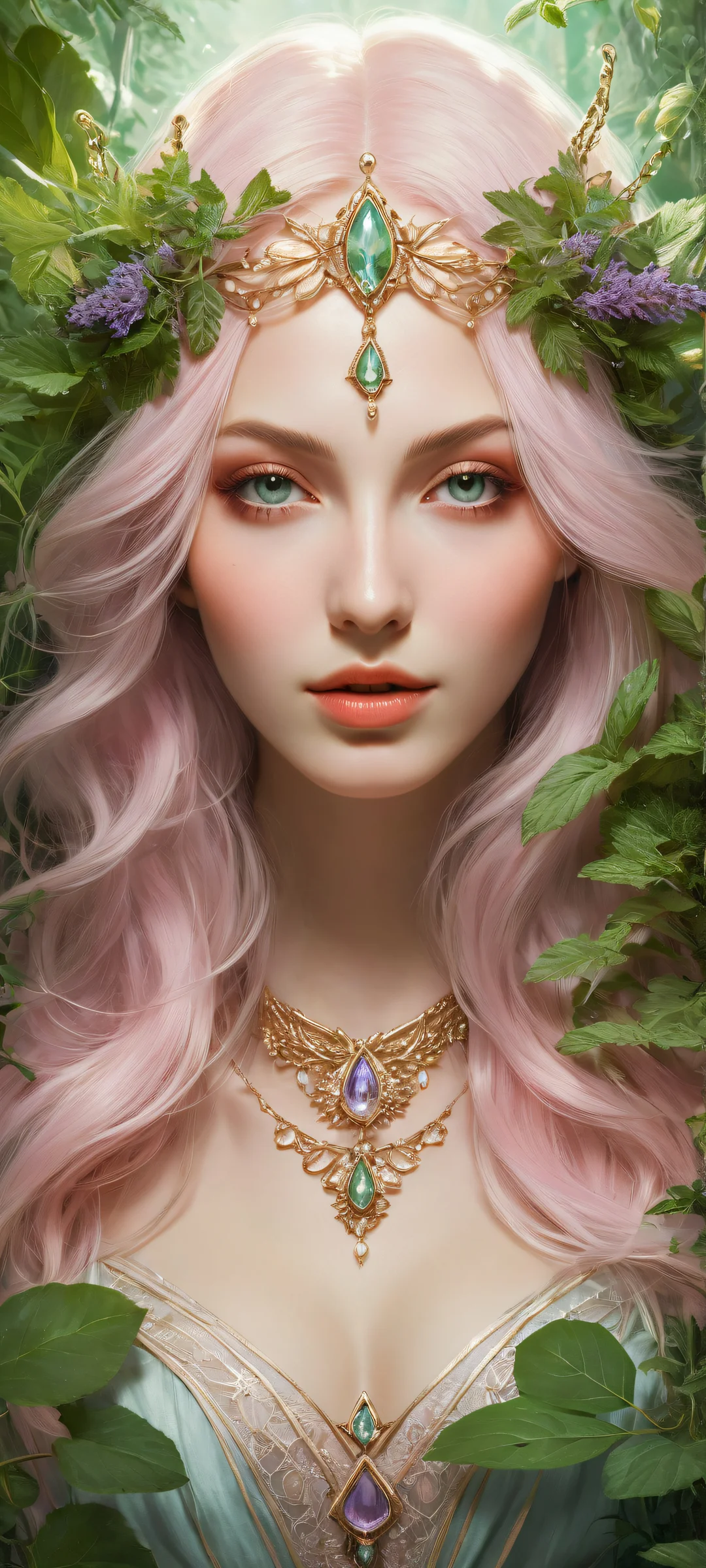 Delicate witch surrounded by lush herbs and plants on iPhone/Android home screen