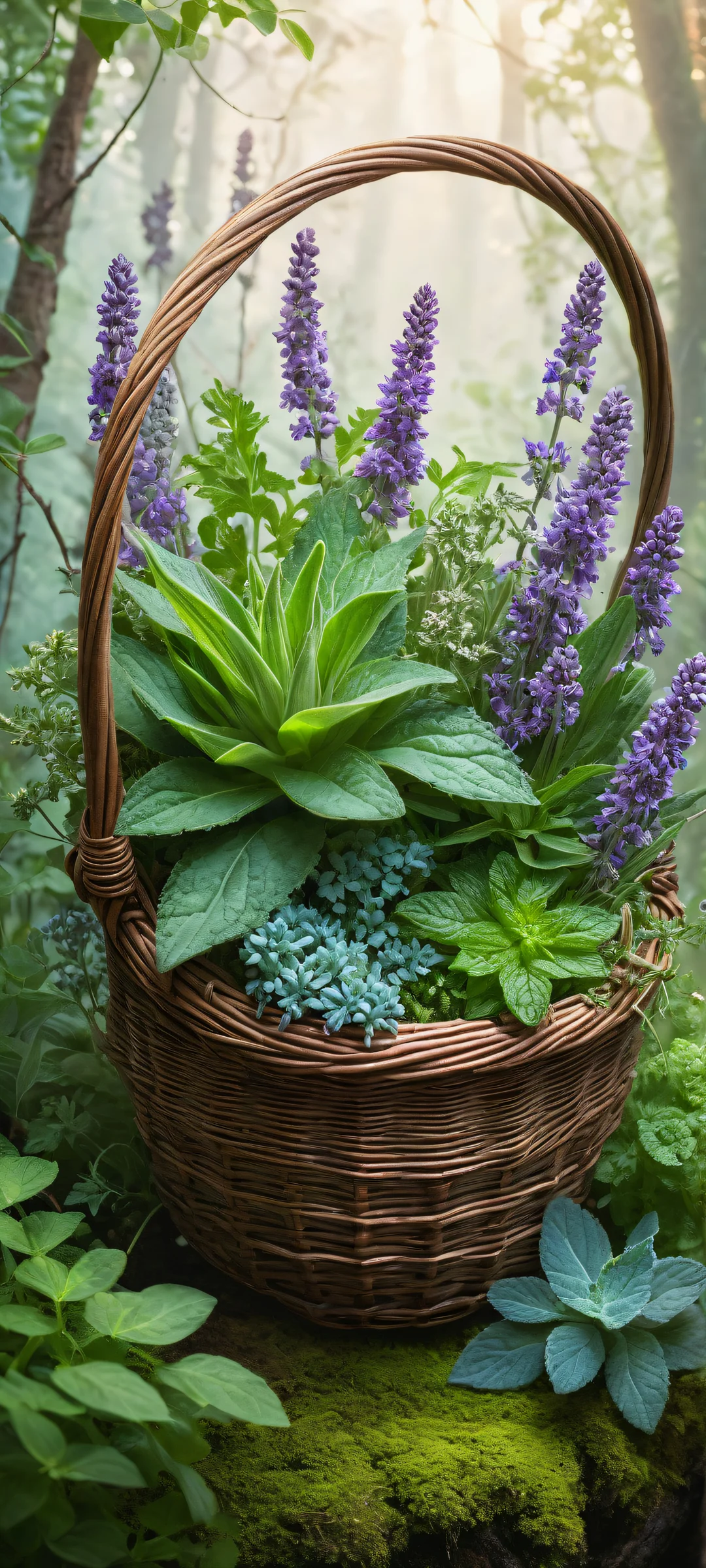 iPhone/Android exclusive artwork featuring a witch's grab basket filled with rare herbs and mystical plants. Perfect for your mobile home screen.