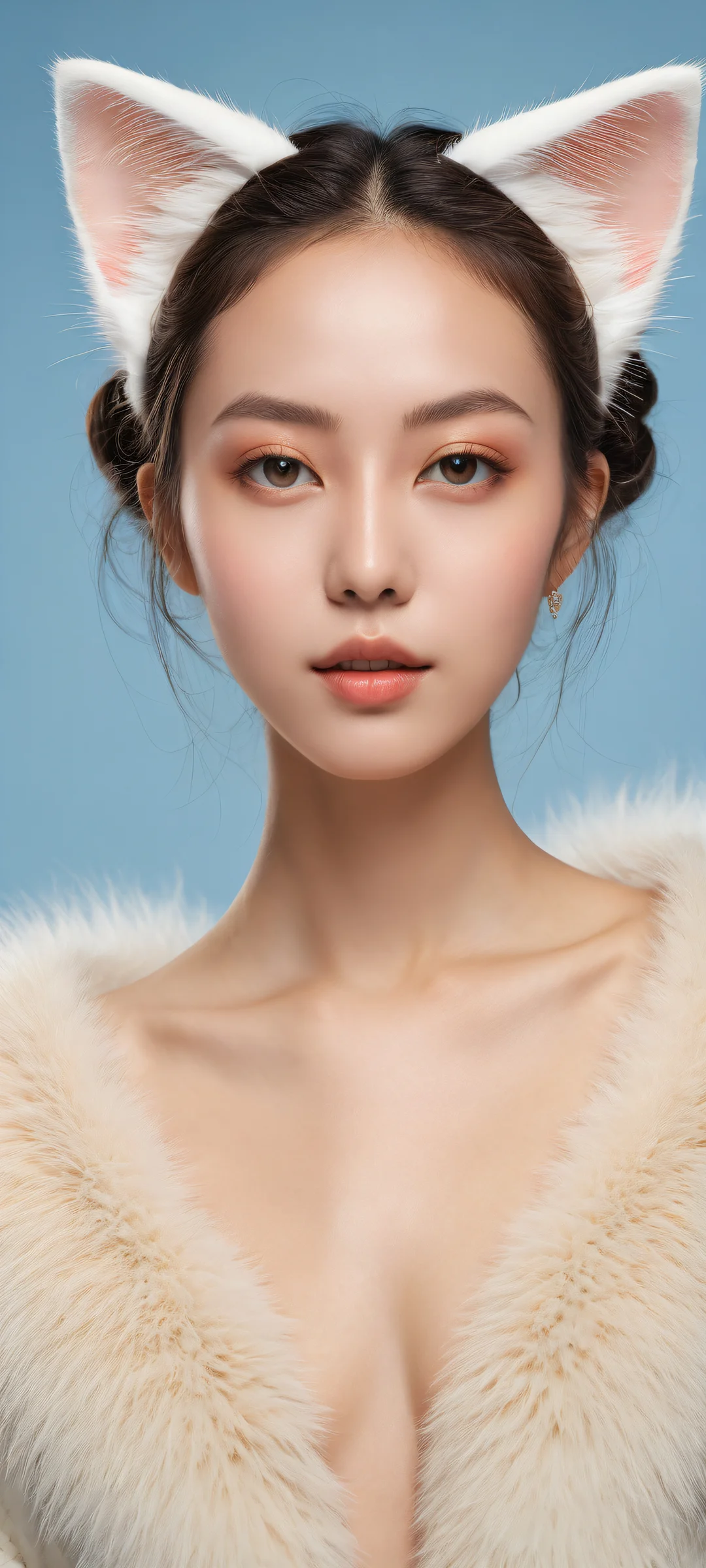 iPhone and Android compatible. A serene portrait of a woman with cat ears and tail, set against a stunning gradient blue to beige background.