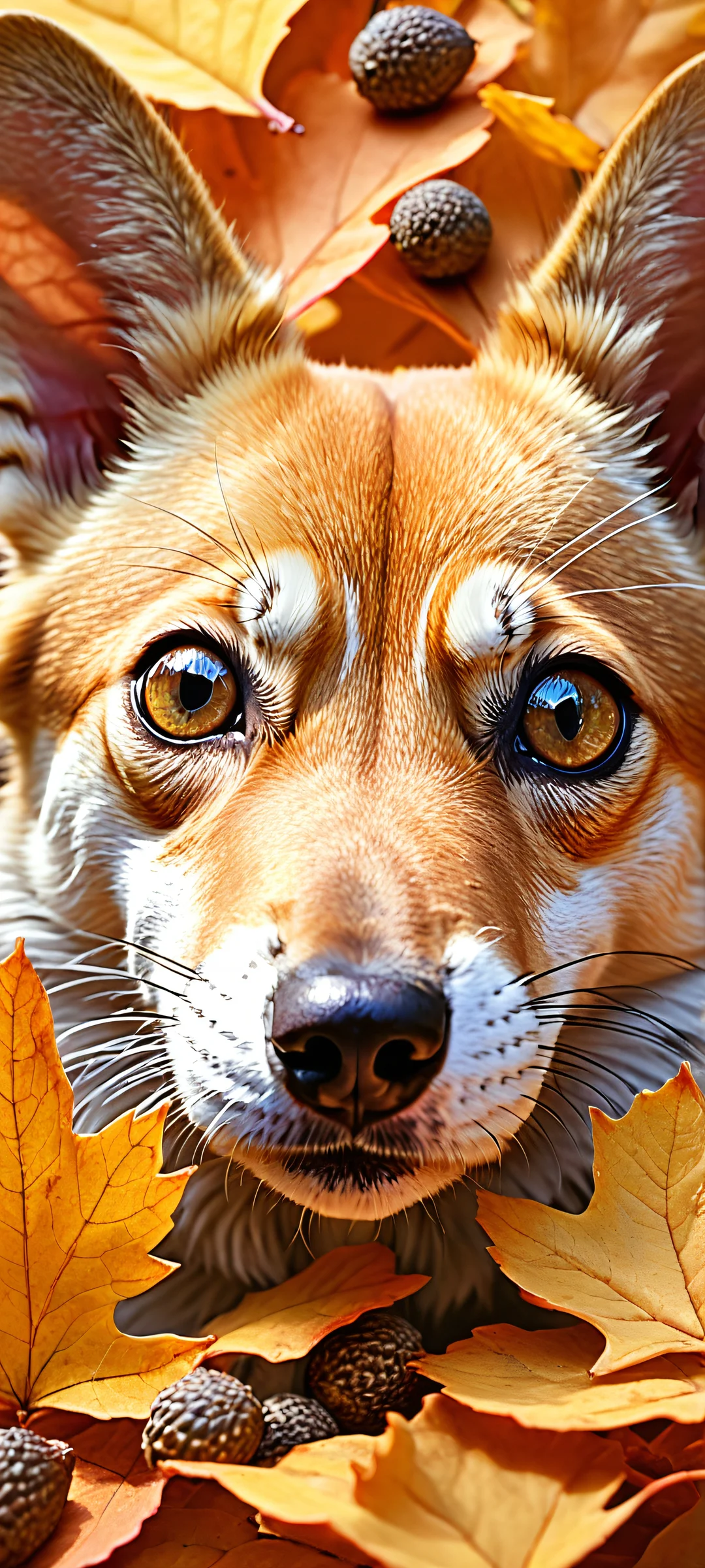 Fantastical dog's face with playful mice and magical lighting. Perfectly optimized for iPhone/Android home screens.