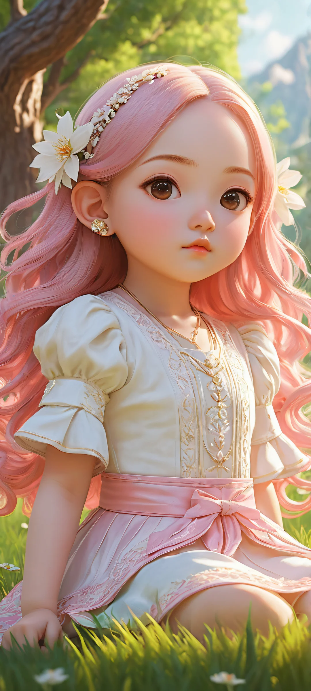 A stunning vertical portrait of multiple chibi girls placed in the lower-middle with intricate micro-details on their animal ear accessories, surrounded by lush grass and a majestic tree. Perfect for iPhone/Android home screens.