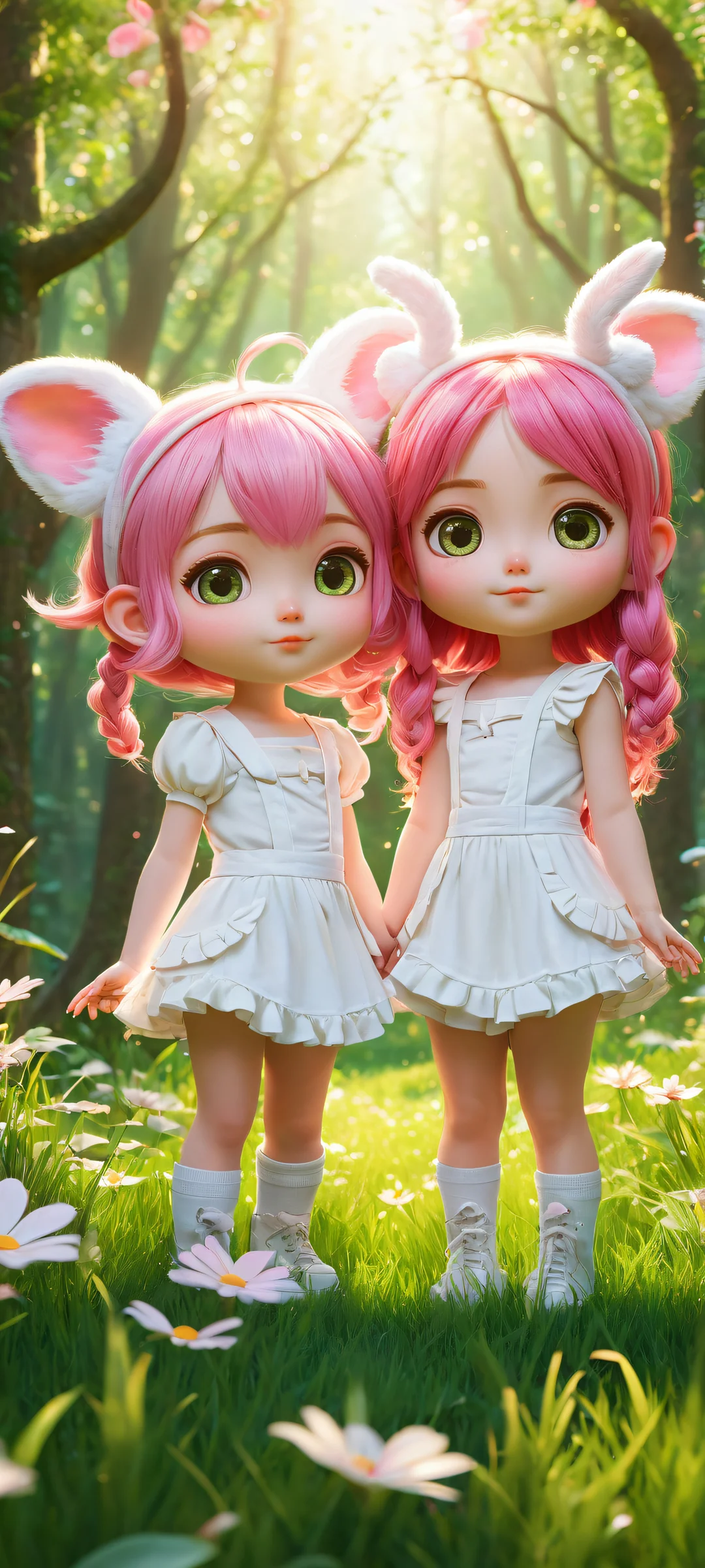 iPhone and Android wallpaper featuring two chibi girls with pink hair and animal ears in a whimsical, dreamy setting with lush green grass, a majestic tree, et éclairage éthéré.