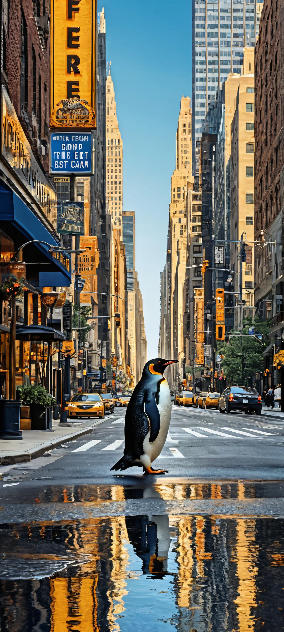 A whimsical scene of a comedic icon amidst a city sidewalk, featuring a great horned owl and penguin in a humorous misadventure. Perfekt optimiert für das iPhone, Samsung Galaxy, und Android-Startbildschirme.