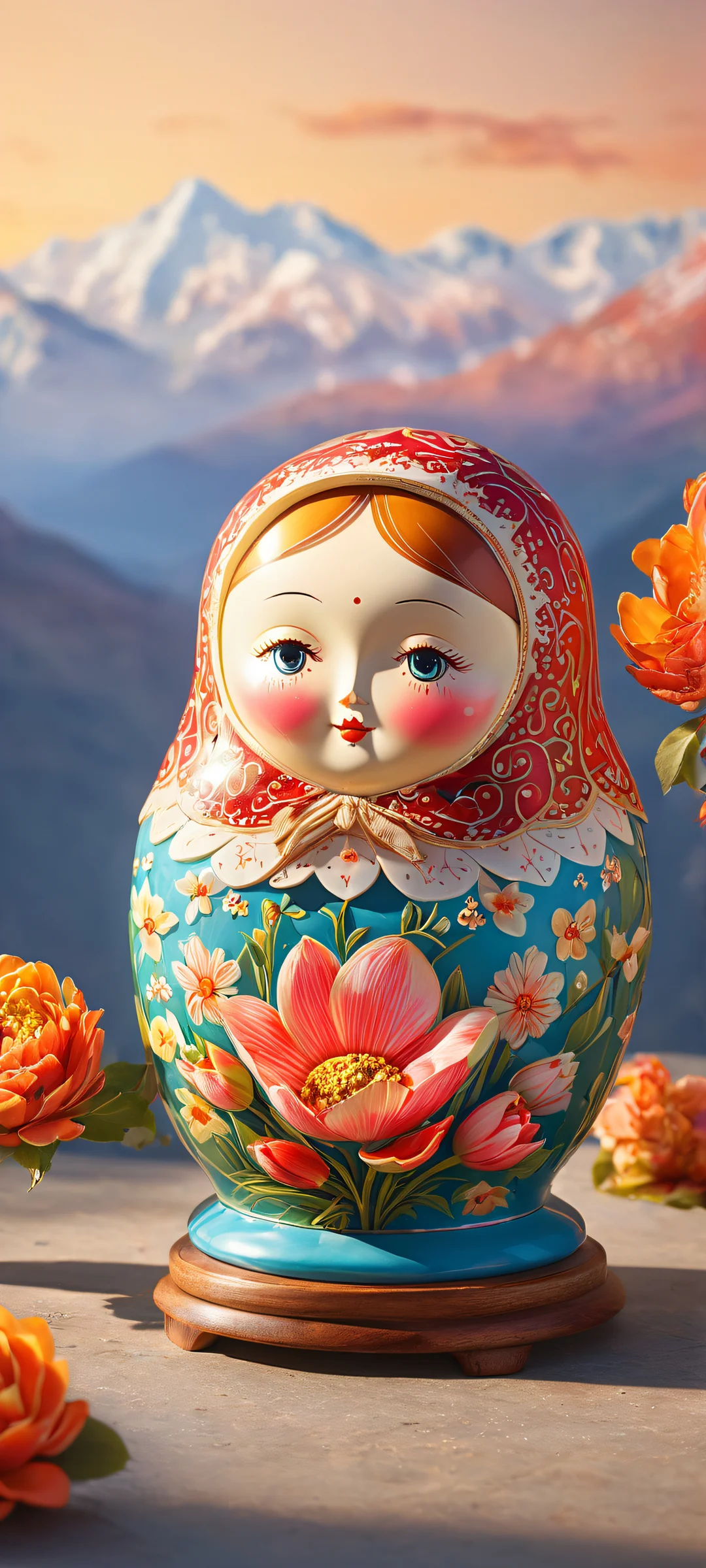 iPhone and Android users will love this breathtaking artwork of Matryoshka dolls, featuring intricate micro-details and vibrant colors. A serene backdrop provides a perfect canvas for the main focus.