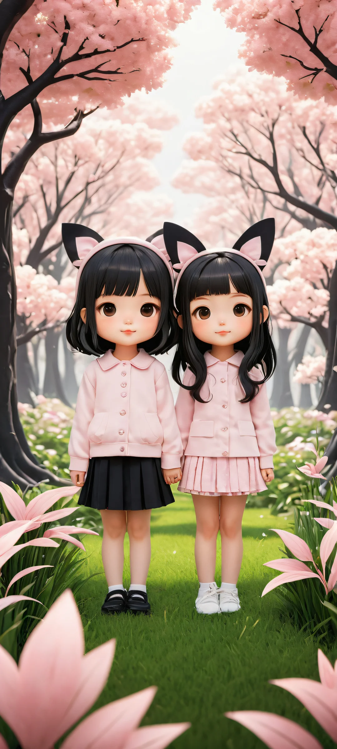 Adorable chibi girls with animal ears sitting in a serene woodland scene, iPhone と Android のホーム画面に完全に最適化.
