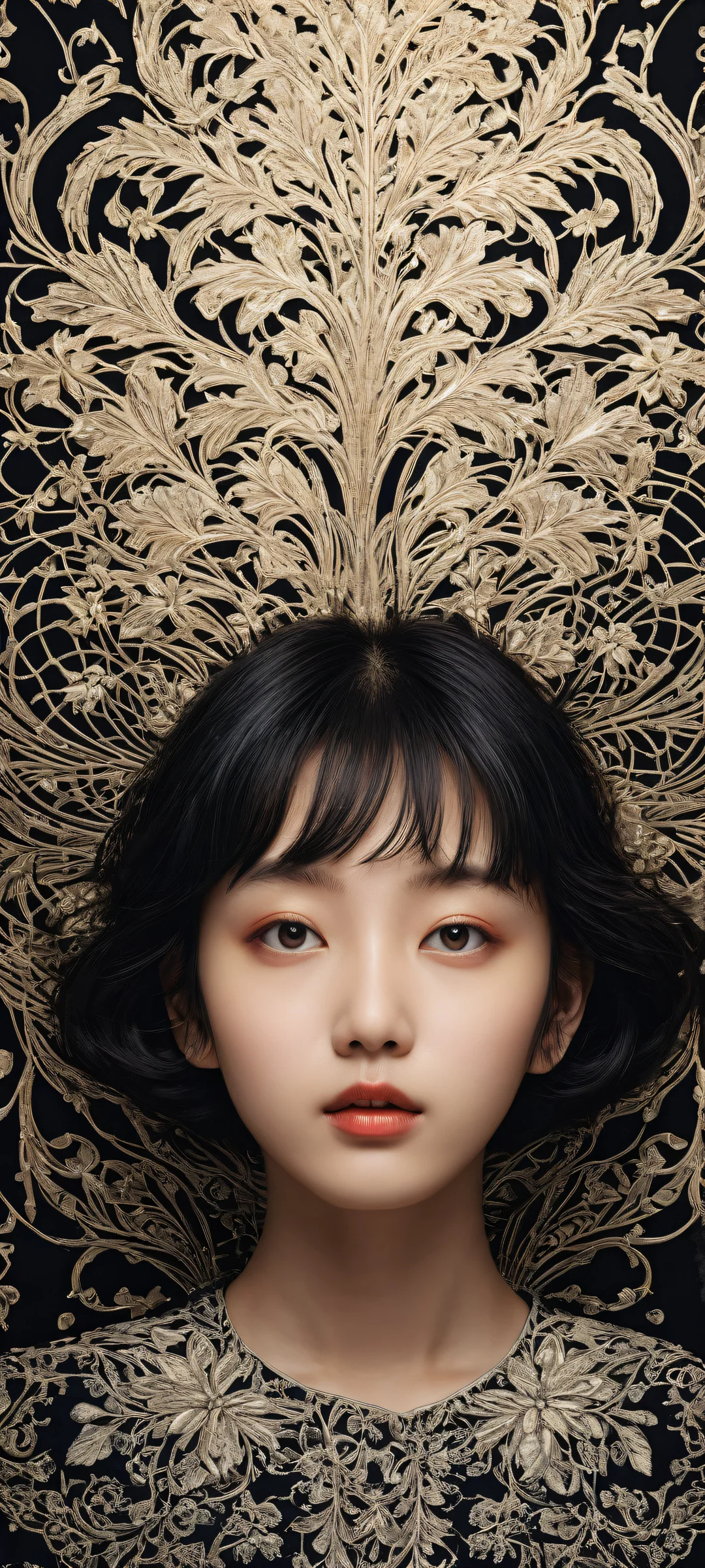 A young girl surrounded by delicate anime-inspired patterns on a perfectly clean and empty background, Ideal für iPhone/Android-Startbildschirme.