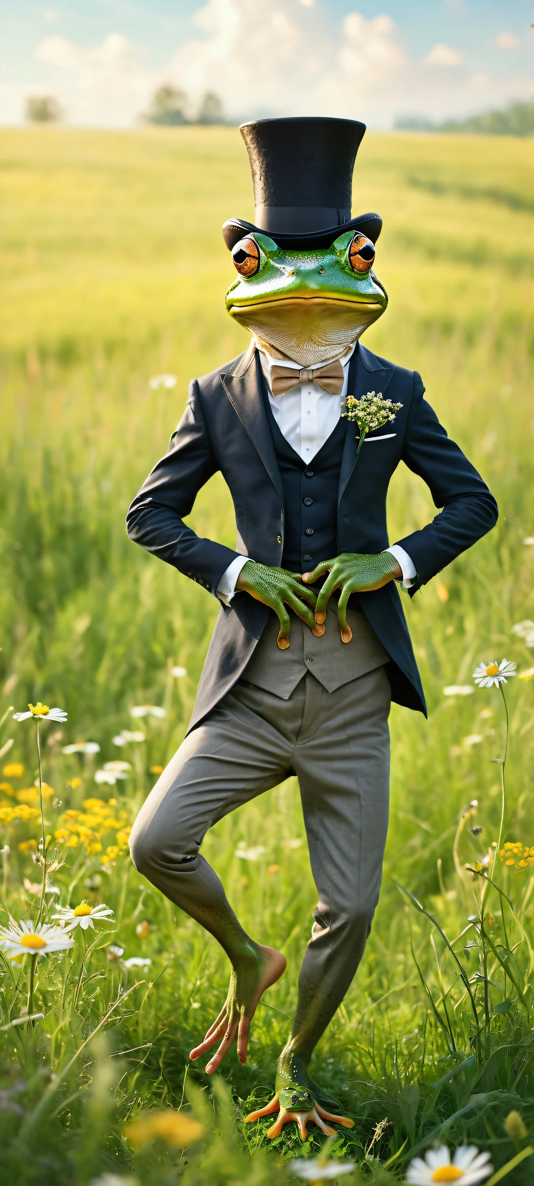 A whimsical frog in a tailored suit rides a mouse with a leather saddle, holding a black top hat, on a meadow background. Perfekt optimiert für das iPhone, Samsung Galaxy, und Android-Startbildschirme.