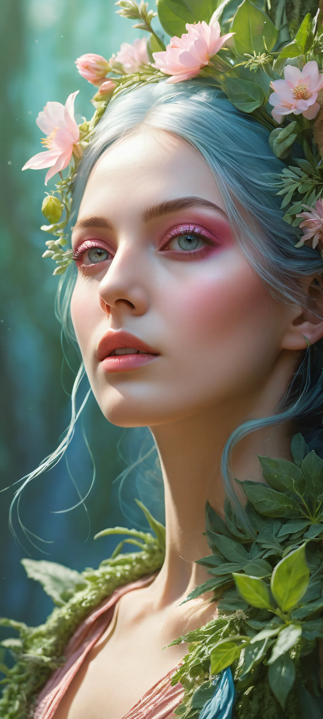 Delicate witch with herbalism tools and graspable plants on a pure void background for iPhone/Android