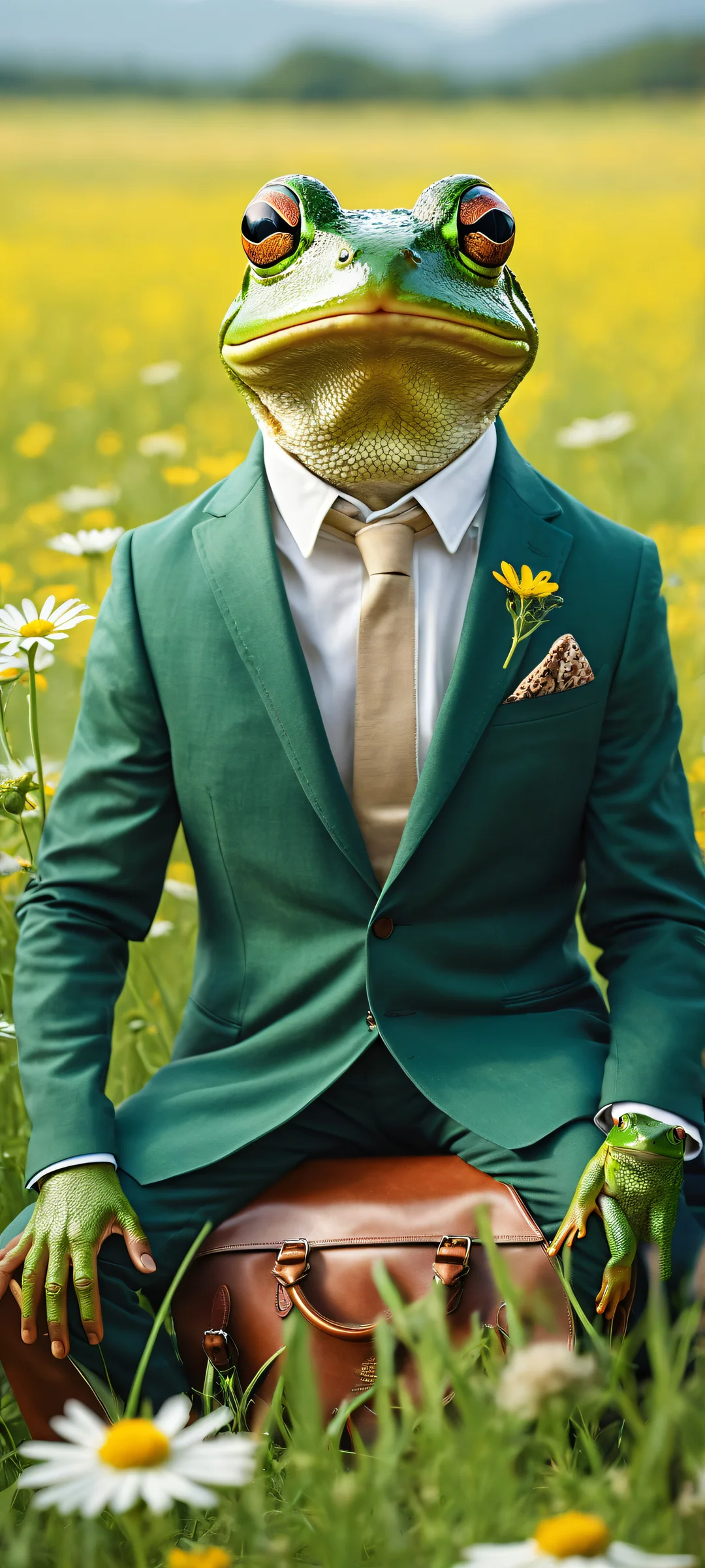 A whimsical frog in a tailored suit riding a huge mouse with a leather saddle on the lower-middle of the screen. Parfait pour les écrans d'accueil iPhone/Android.