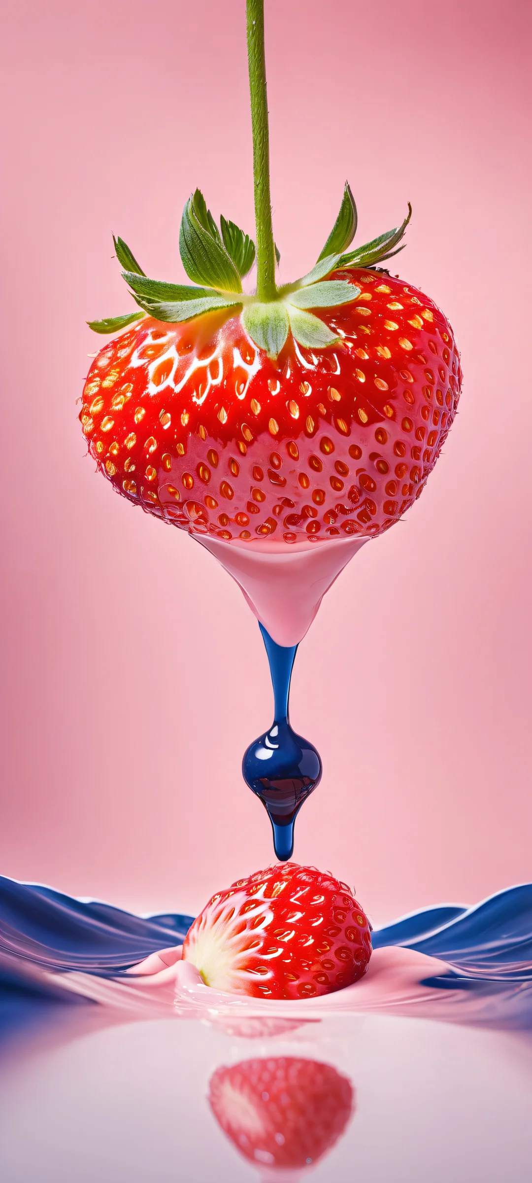 A farmer milks a giant strawberry, orange, and blueberry with udders, perfectly framed for iPhone/Android home screens.