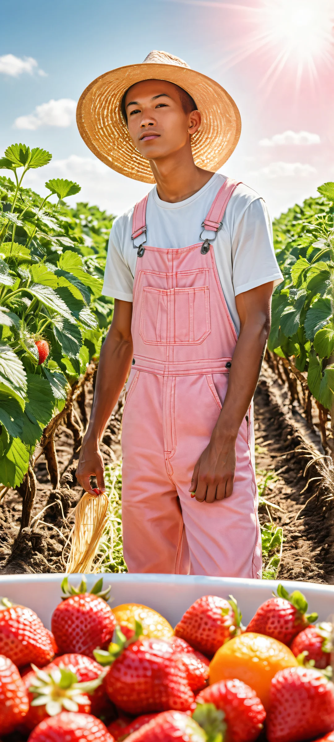 A cow-sized strawberry, orange, and blueberry get milked by a farmer in overalls and straw hat, perfect for iPhone/Android home screens.