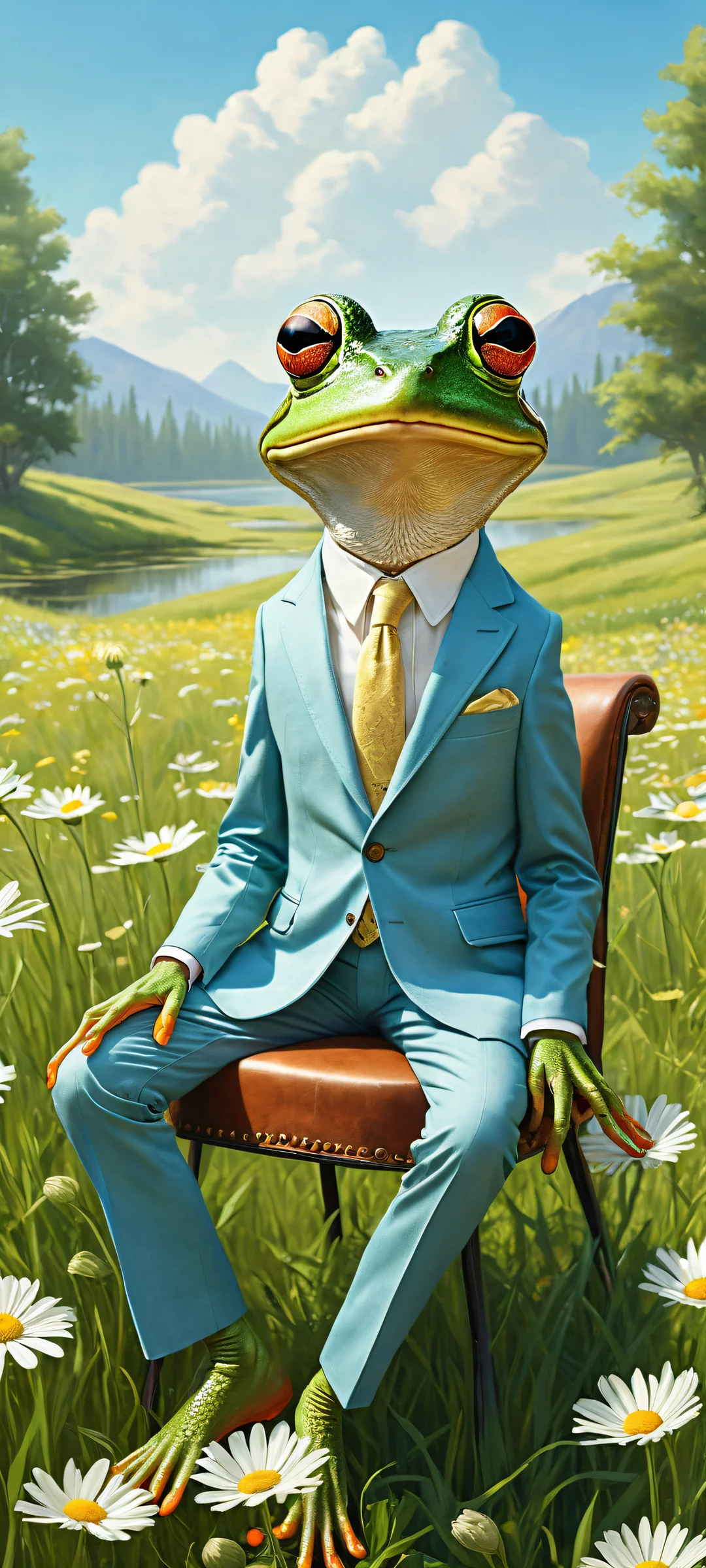 A stylized frog in a suit rides a mouse with leather saddle on a serene meadow background, suitable for iPhone/Android.
