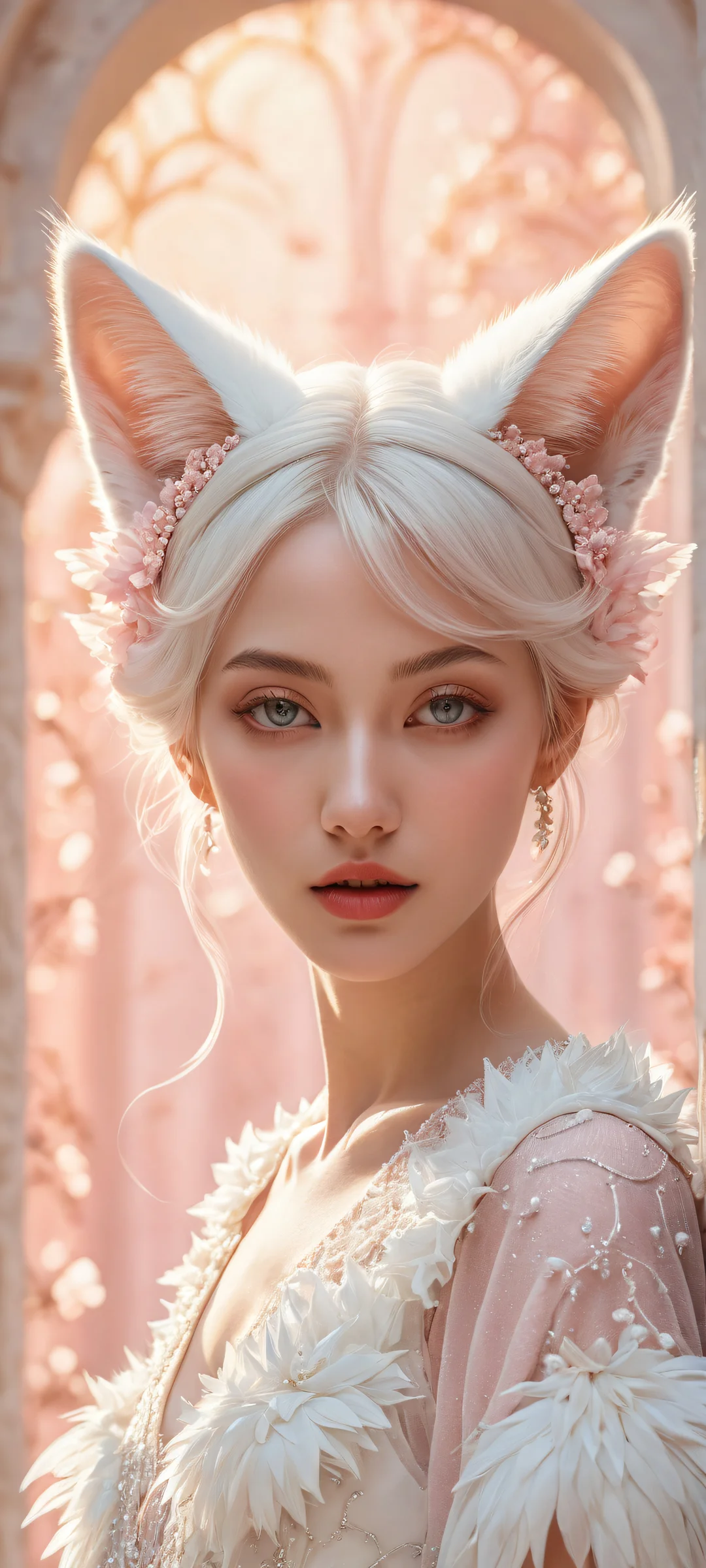 A kawaii creature with cat ears and fluffy tail against a pristine void background, perfect for iPhone or Android home screens.