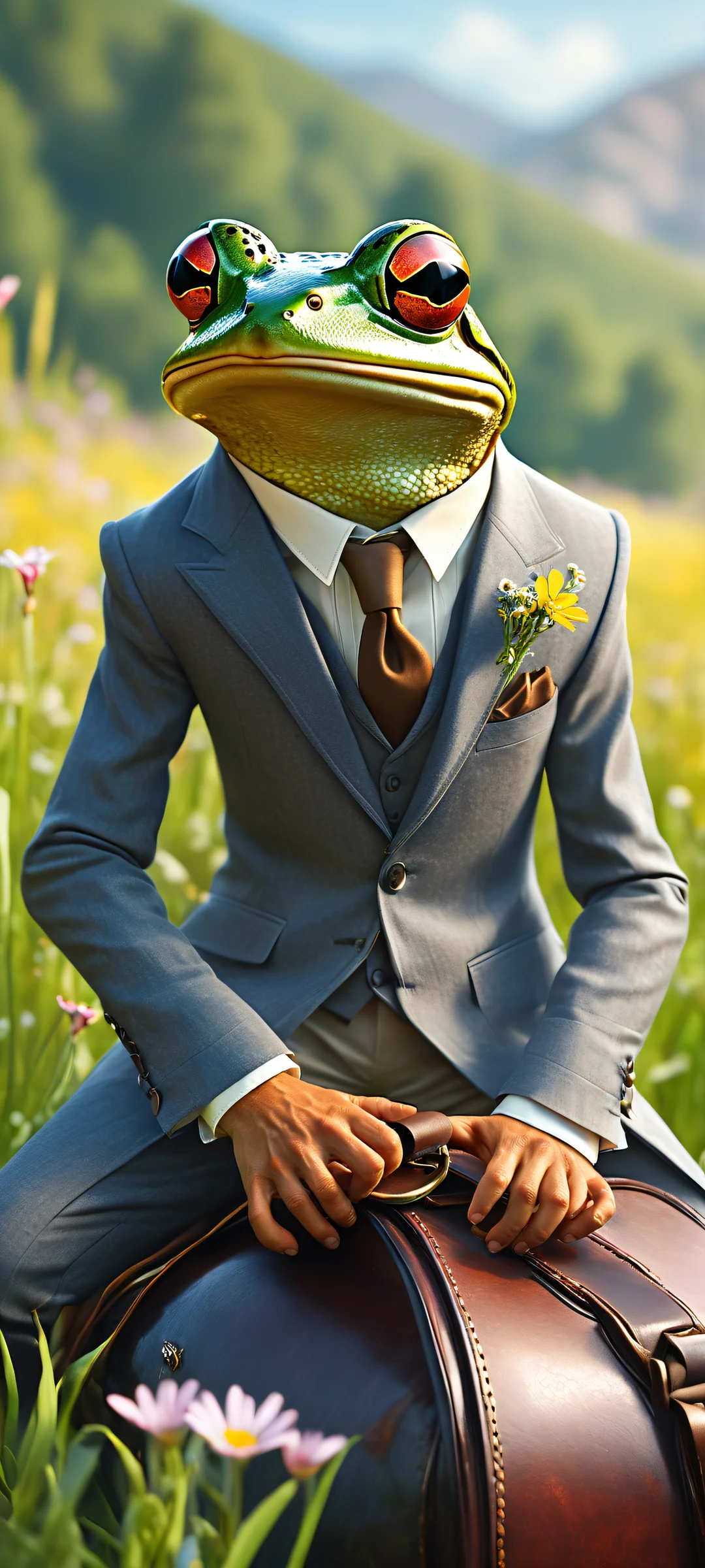 A whimsical frog rides a mouse with leather saddle on iPhone/Android