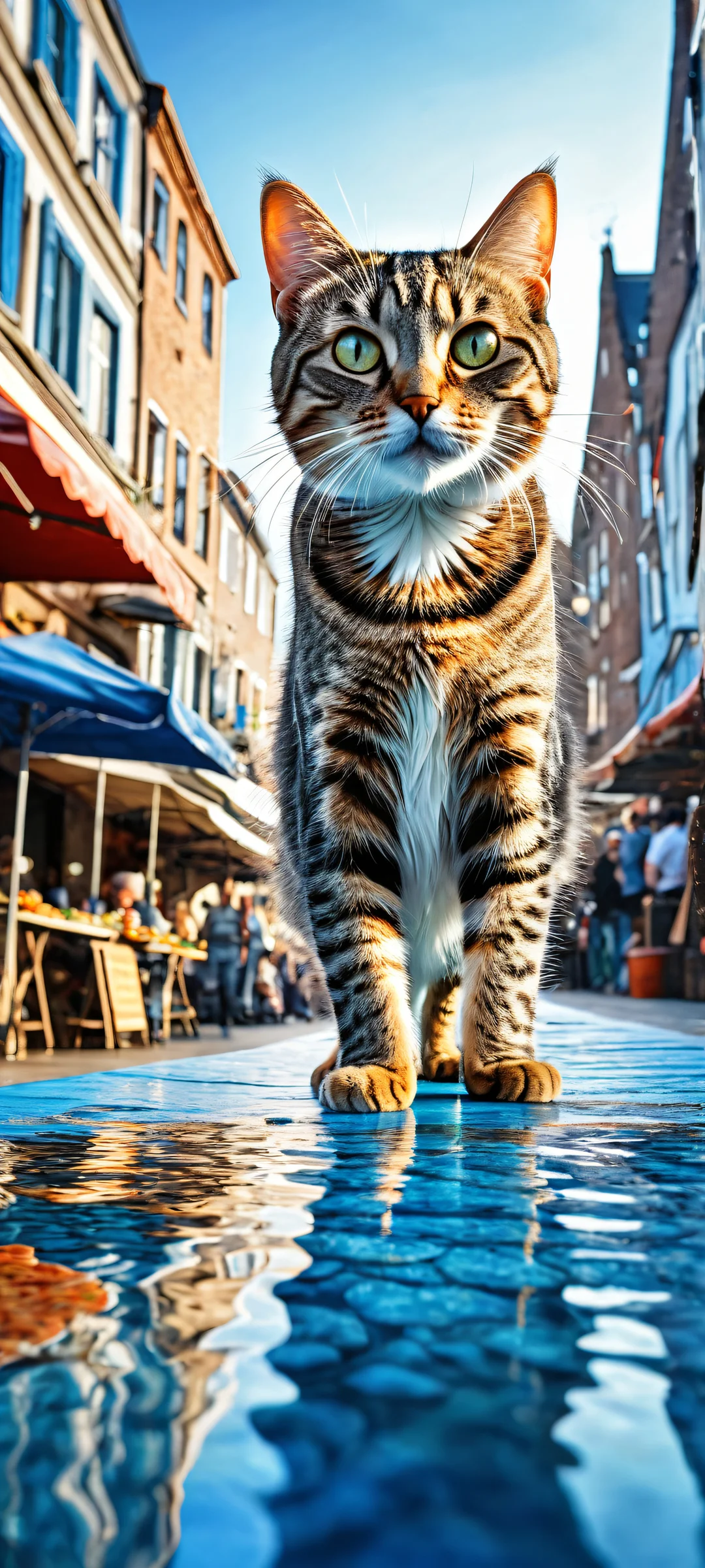 A playful tabby cat tightly hugging a shiny fish on iPhone/Android