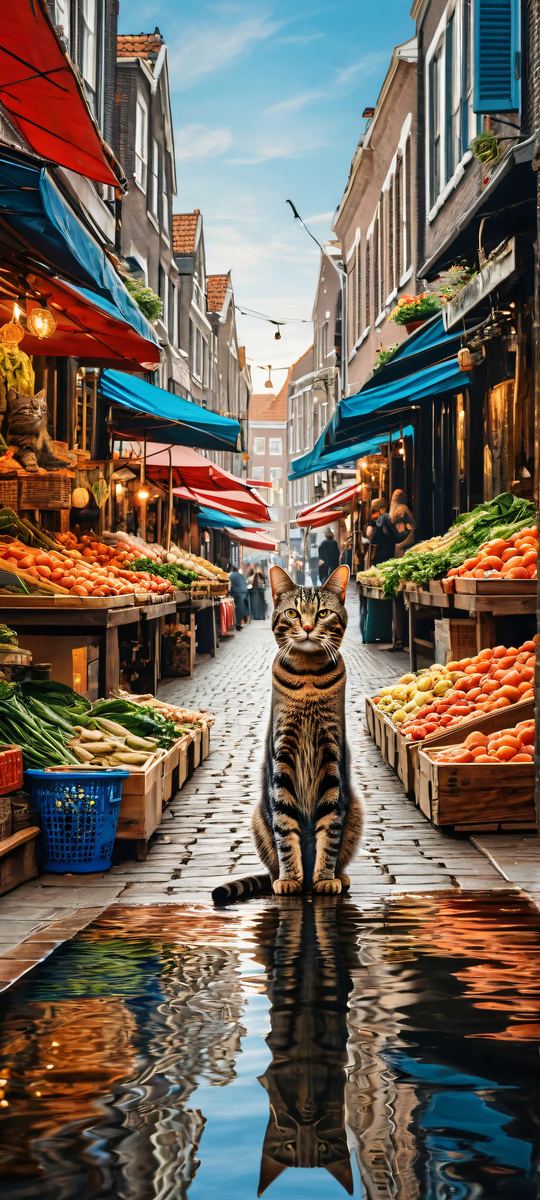A determined young tabby cat clutching a shiny fish as it runs on two legs down the bustling Dutch street market. Perfectly optimized for iPhone, Samsung Galaxy, and Android home screens.