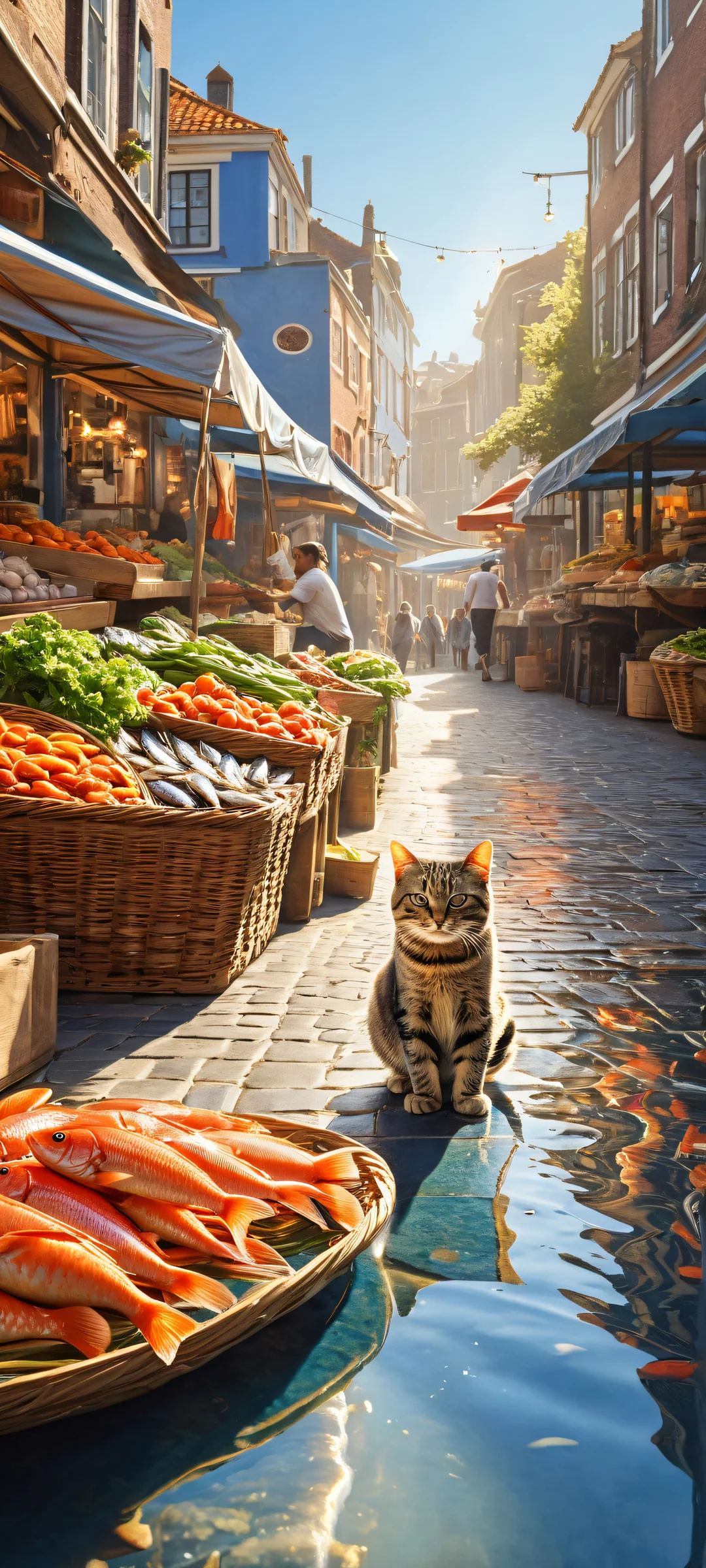A young tabby cat chases a fish through a bustling Dutch market scene on your iPhone/Android device.