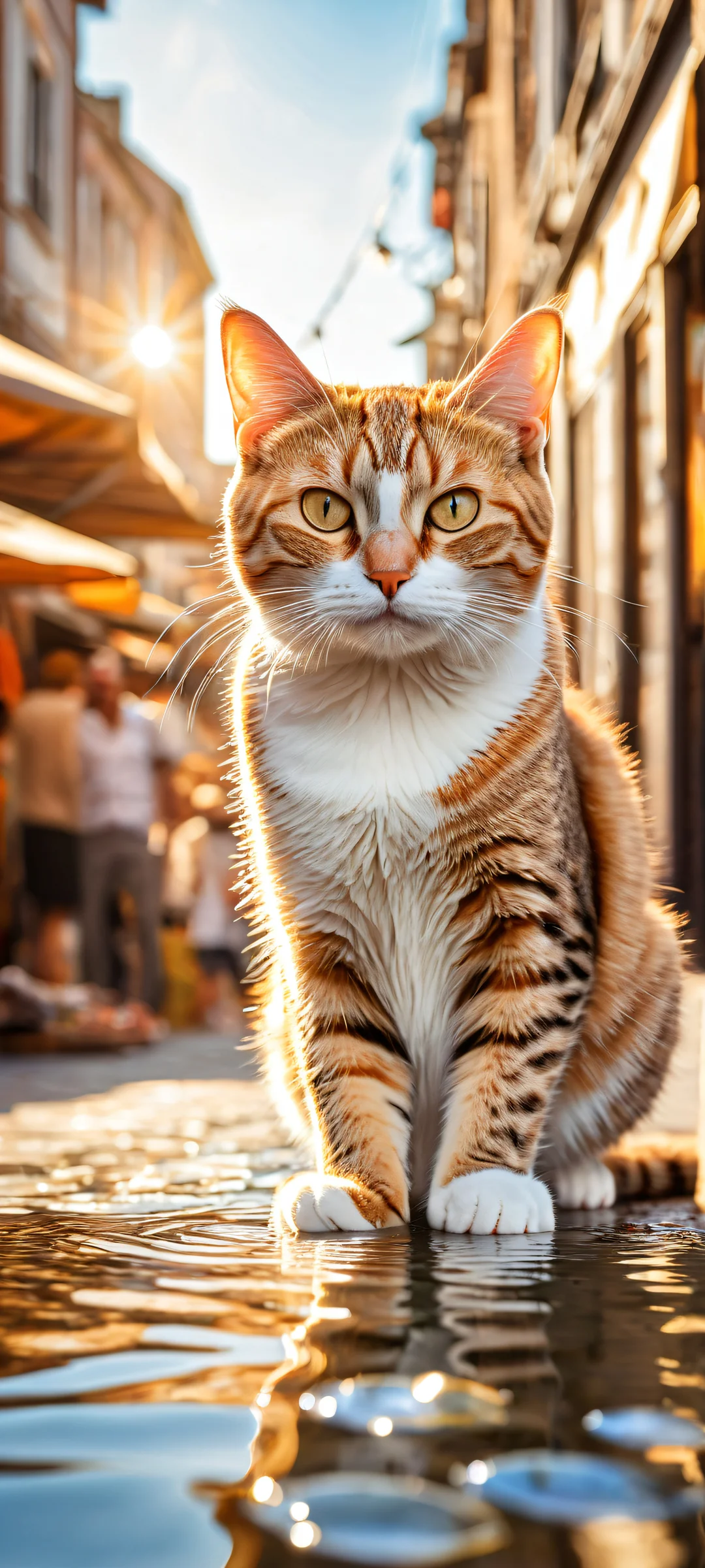 A young tabby cat hugging a silver fish on a Dutch market scene. Perfekt optimiert für das iPhone, Samsung Galaxy, und Android-Startbildschirme.