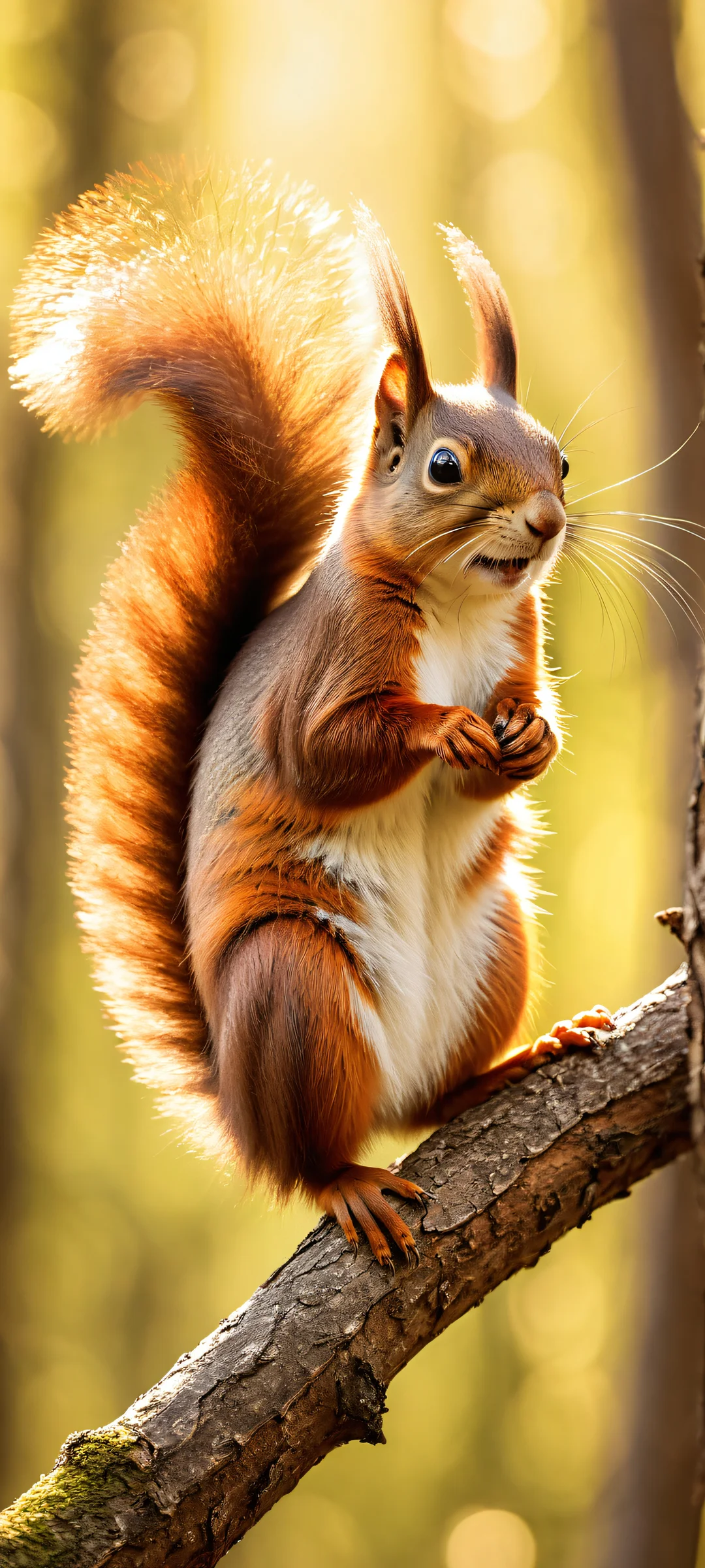 A Red Squirrel perched on a branch in an ethereal setting with iPhone/Android perfect for your mobile home screen