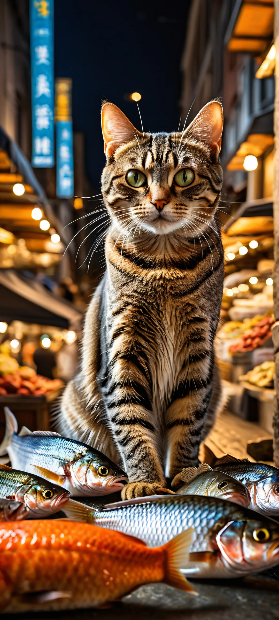 A curious tabby cat snatches a fish from a bustling Dutch market scene on an iPhone/Android home screen.